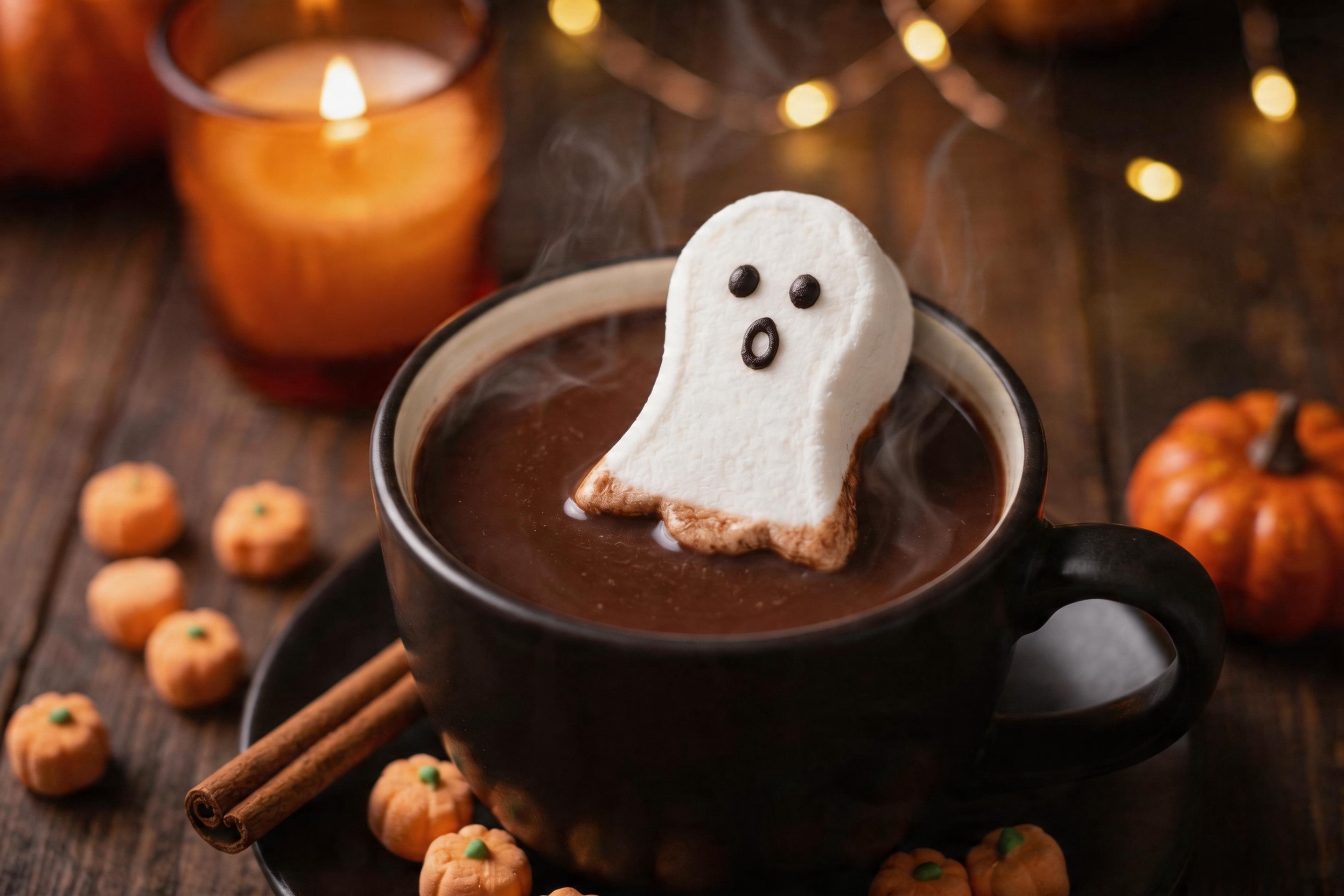 A ghost-shaped marshmallow floating on top of a cup of hot chocolate