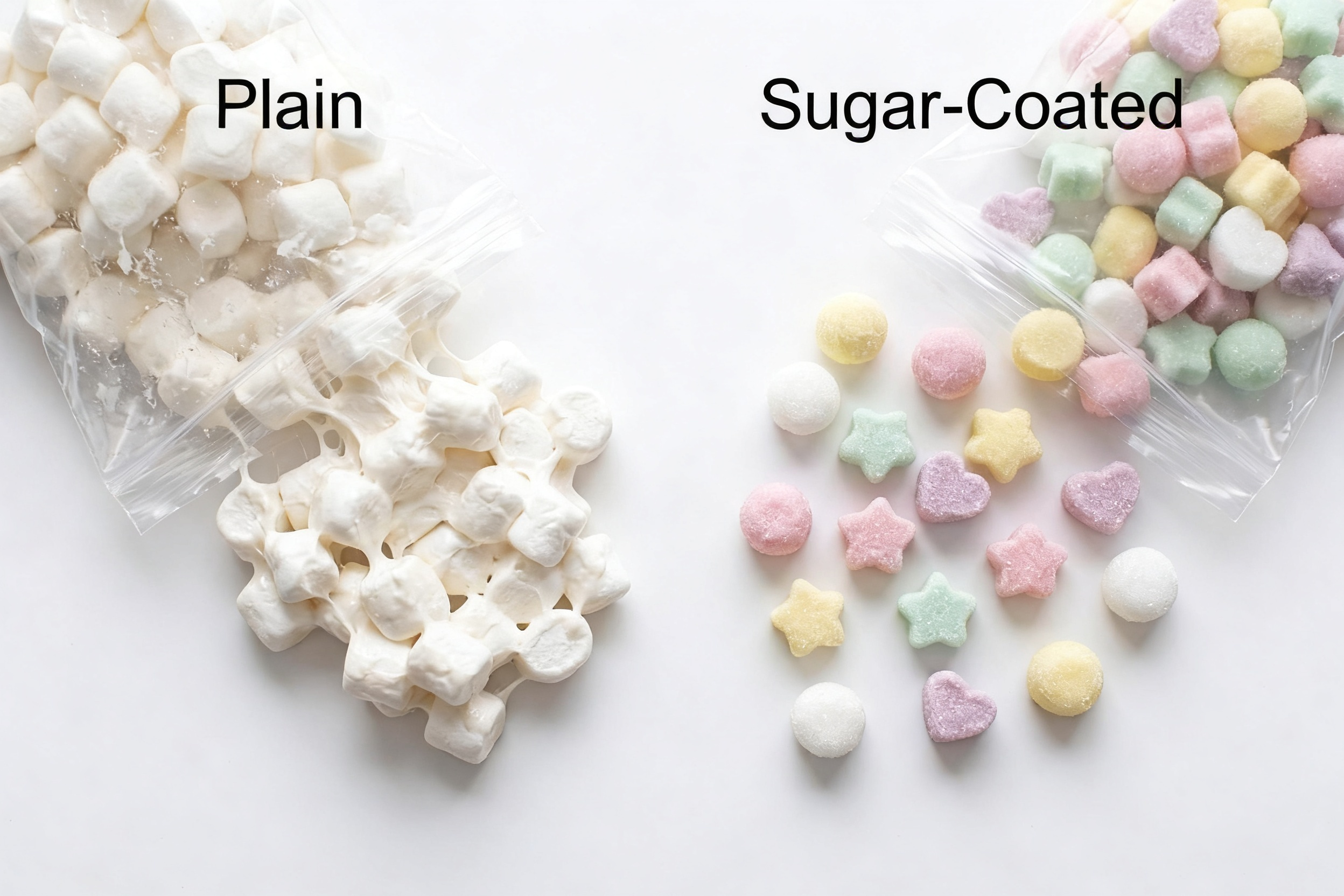 A comparison of an opened bag of plain marshmallows clumped together versus a bag of sugar-coated marshmallows perfectly separated