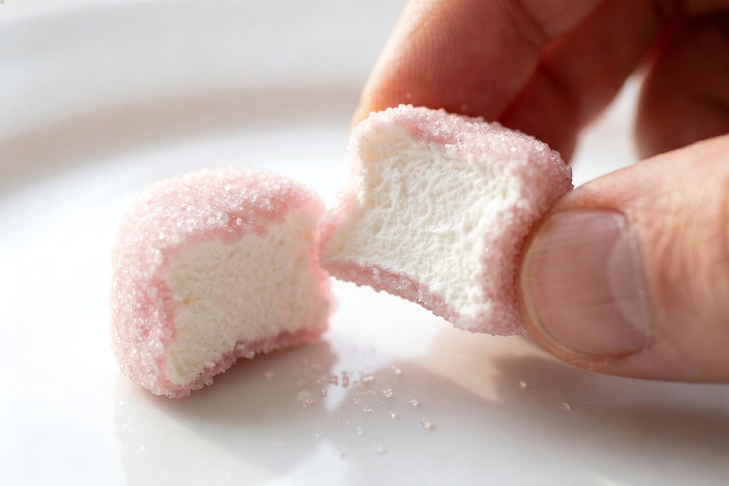 A close-up of a sugar-coated marshmallow bitten in half showing the crispy sugar shell and fluffy white interior