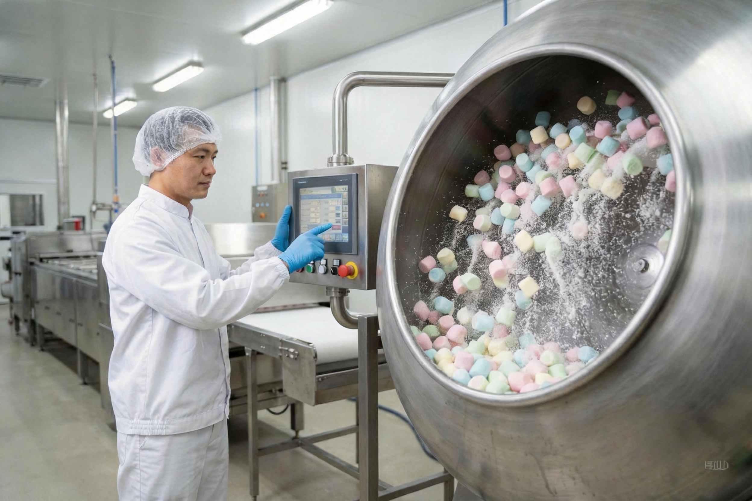A coating drum in a factory with marshmallows being tumbled in sugar crystals