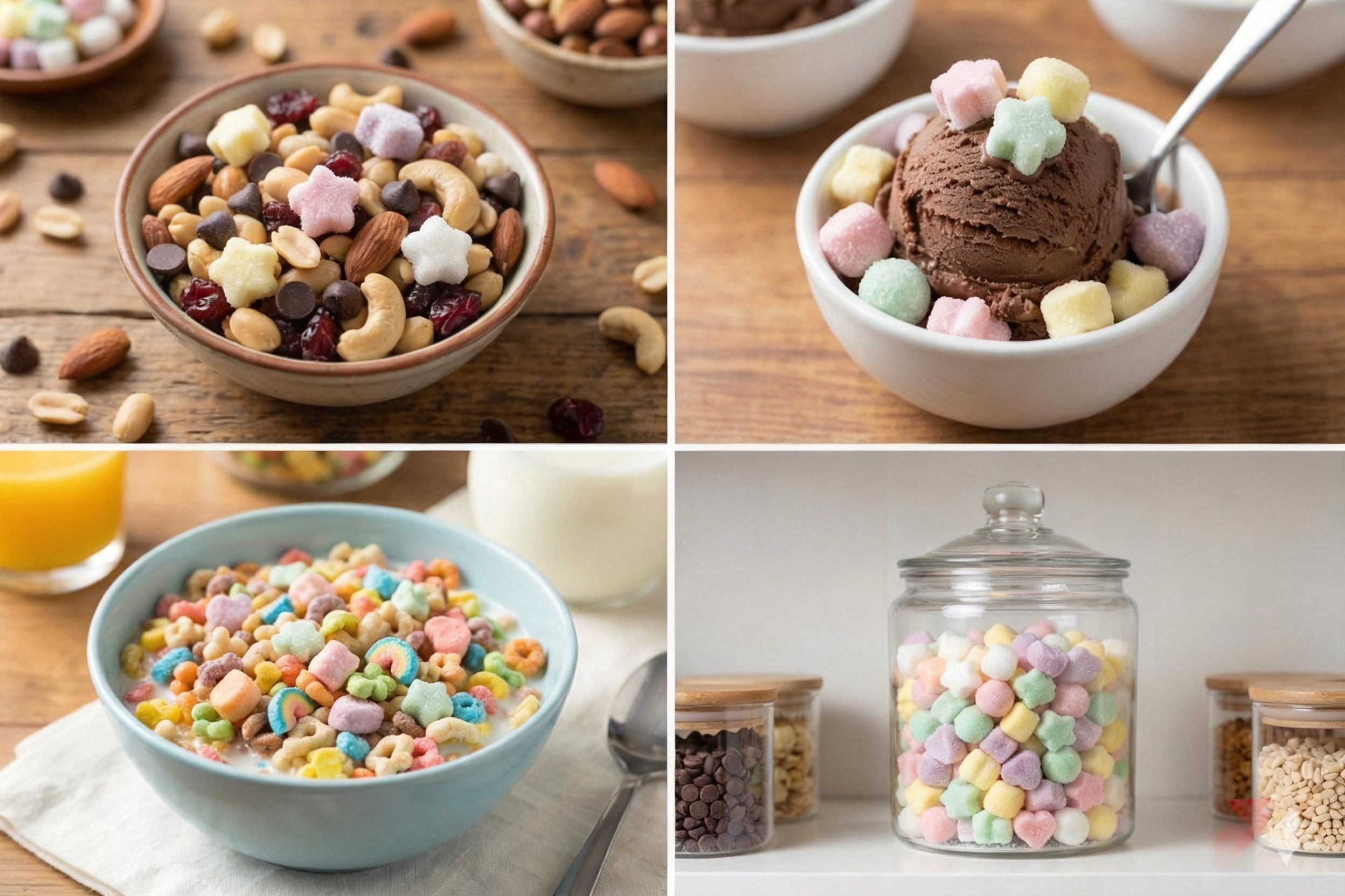 Sugar-coated marshmallows being used in four different applications — trail mix, ice cream topping, cereal, and candy jar
