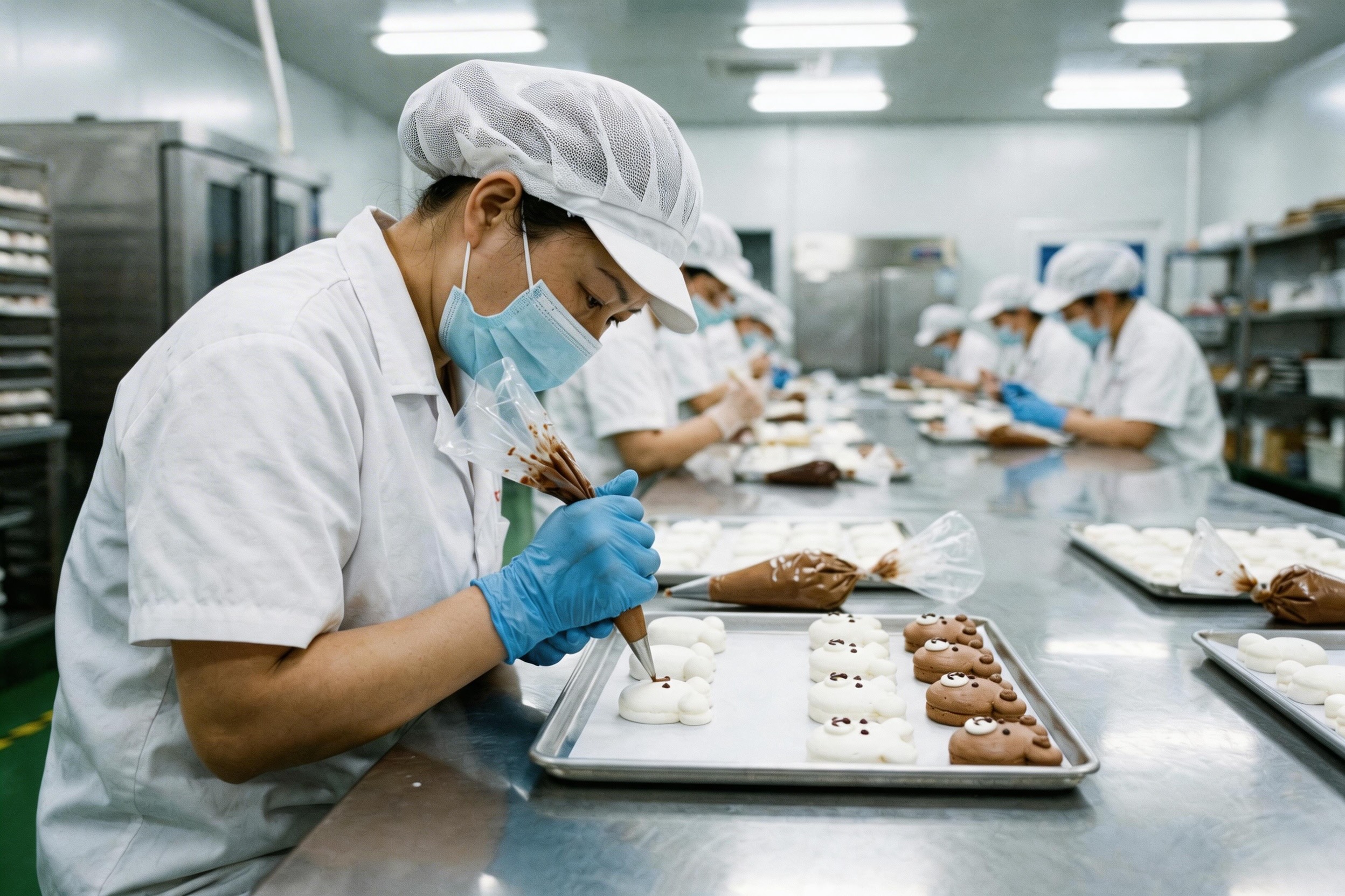 A factory worker piping details onto a shaped marshmallow