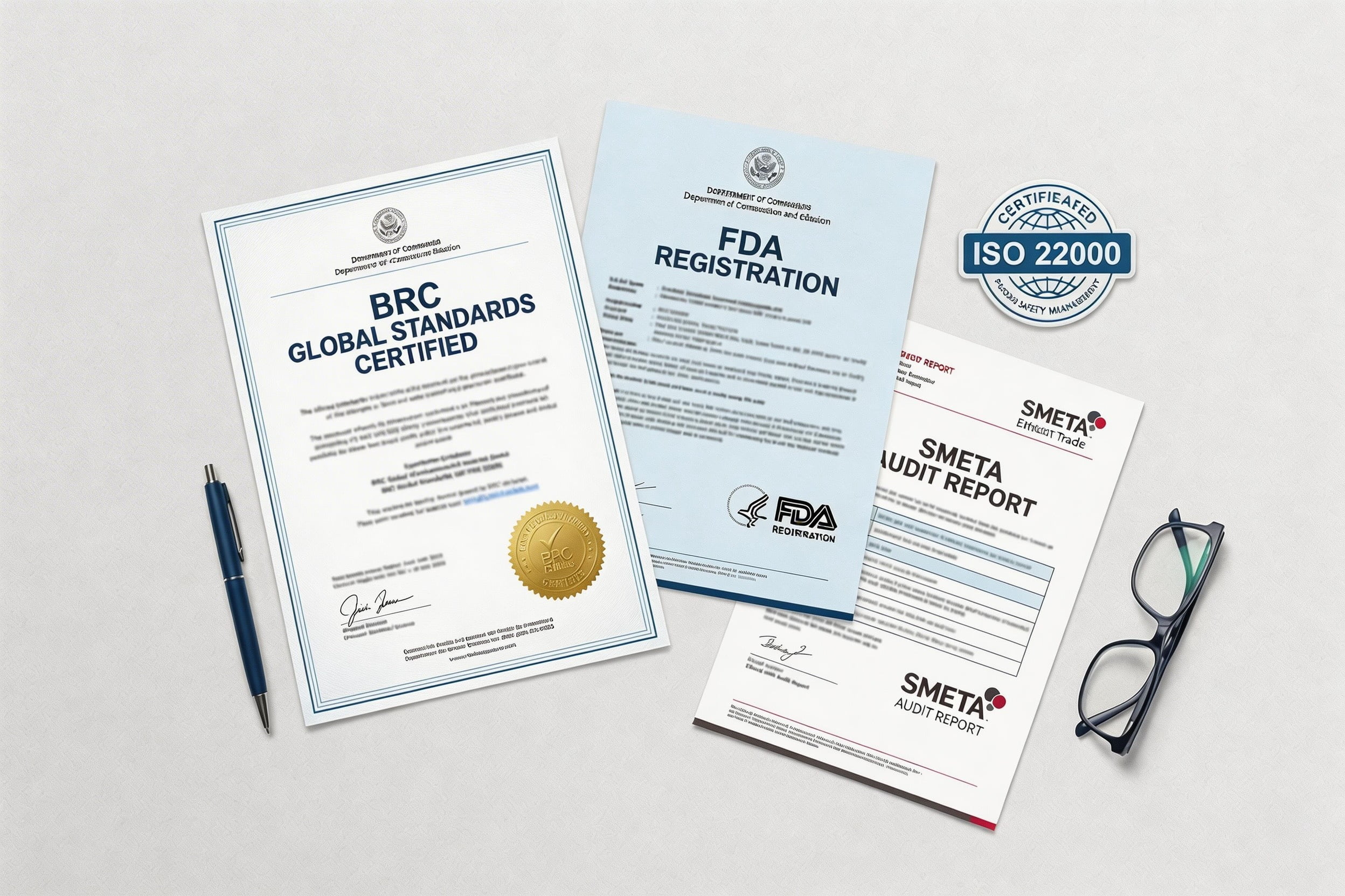 A factory audit certificate like BRC or FDA