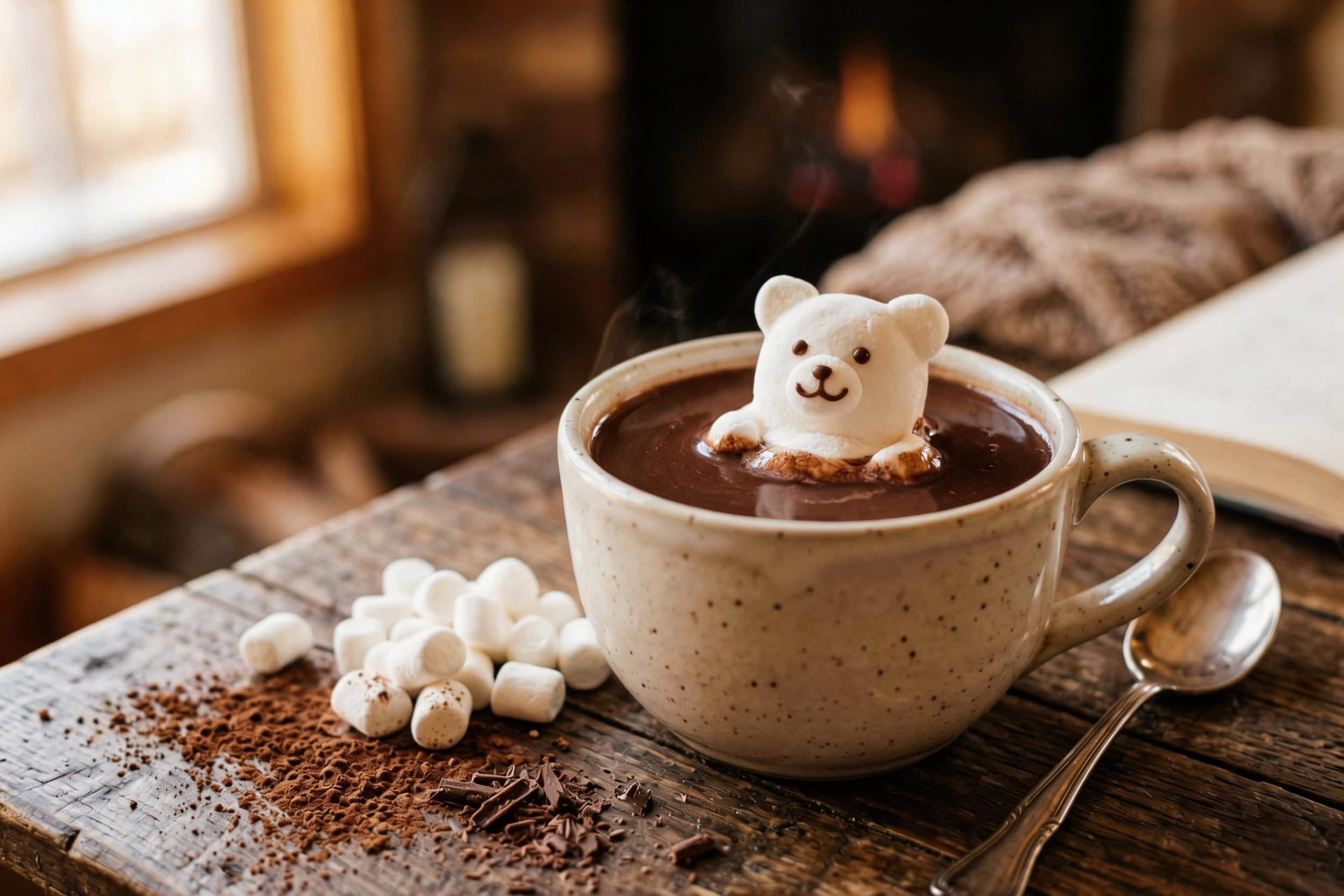 A mug of hot chocolate with a cute shaped marshmallow on top