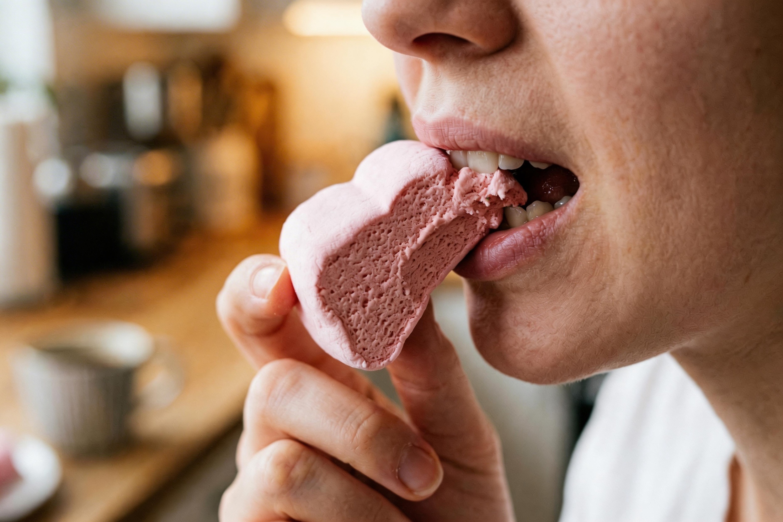 A person biting into a dense, shaped marshmallow