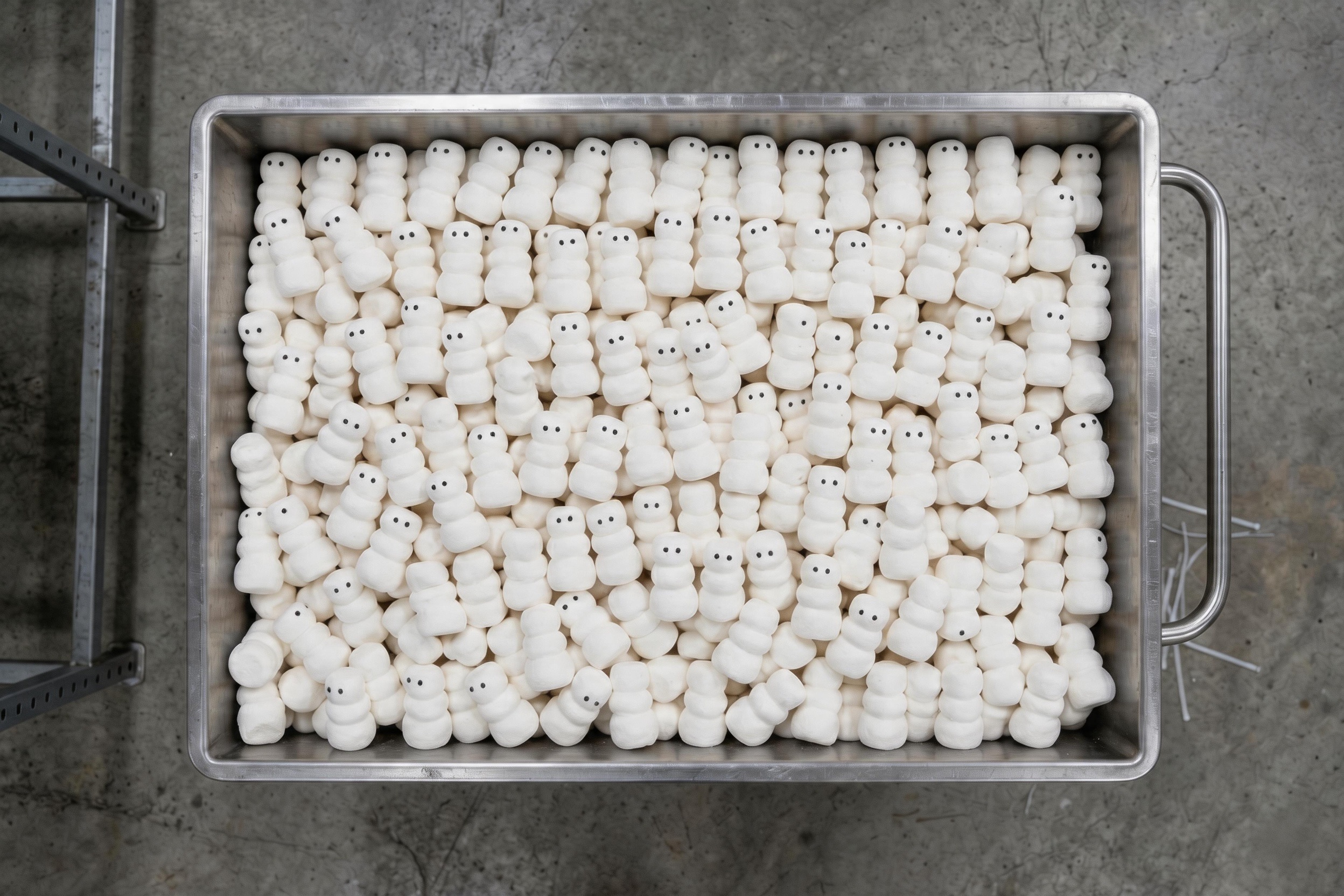 A large bin filled with identical, generic white snowman marshmallows