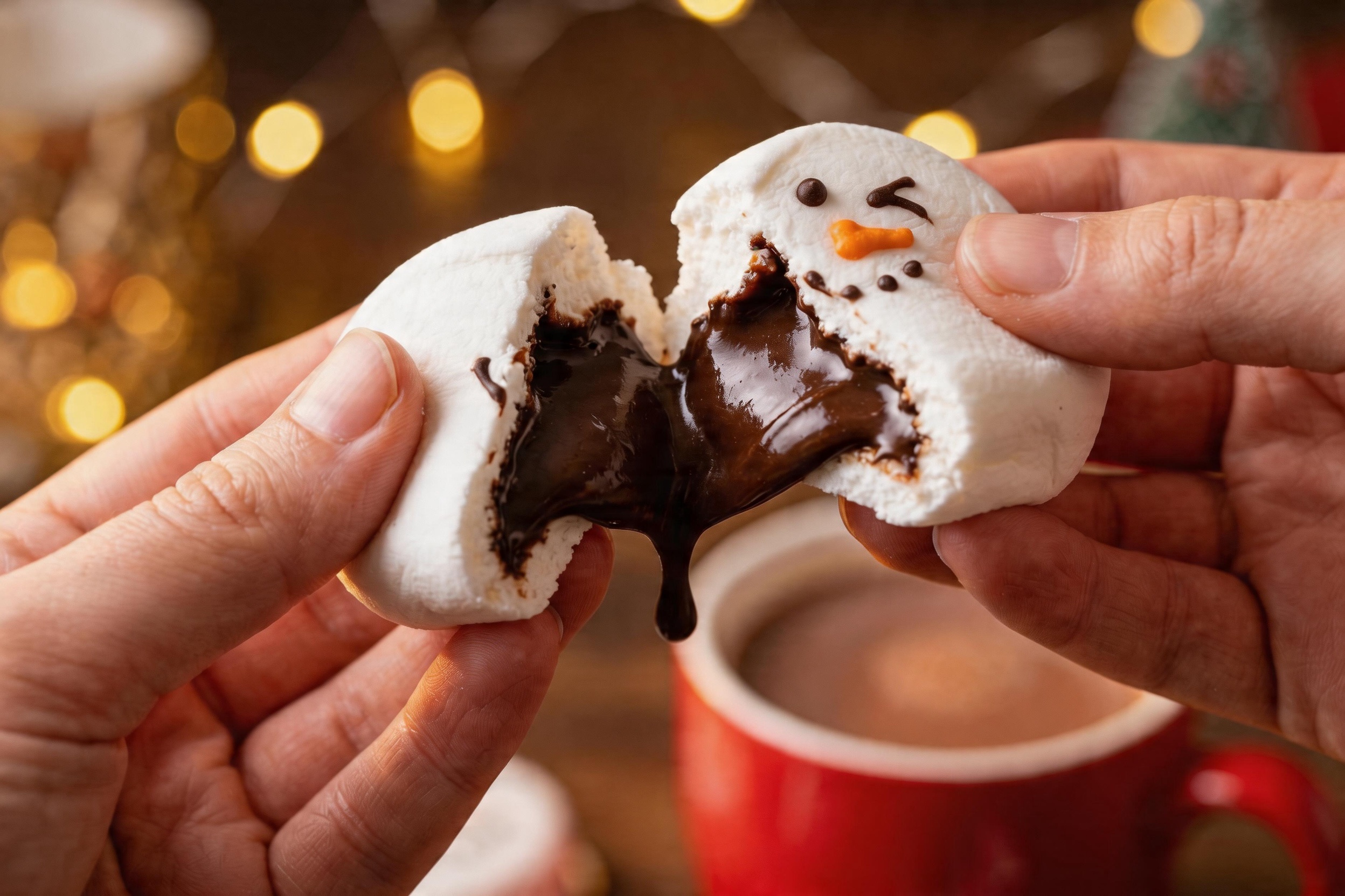 A person breaking open a snowman marshmallow to reveal a gooey chocolate center, ready for social media