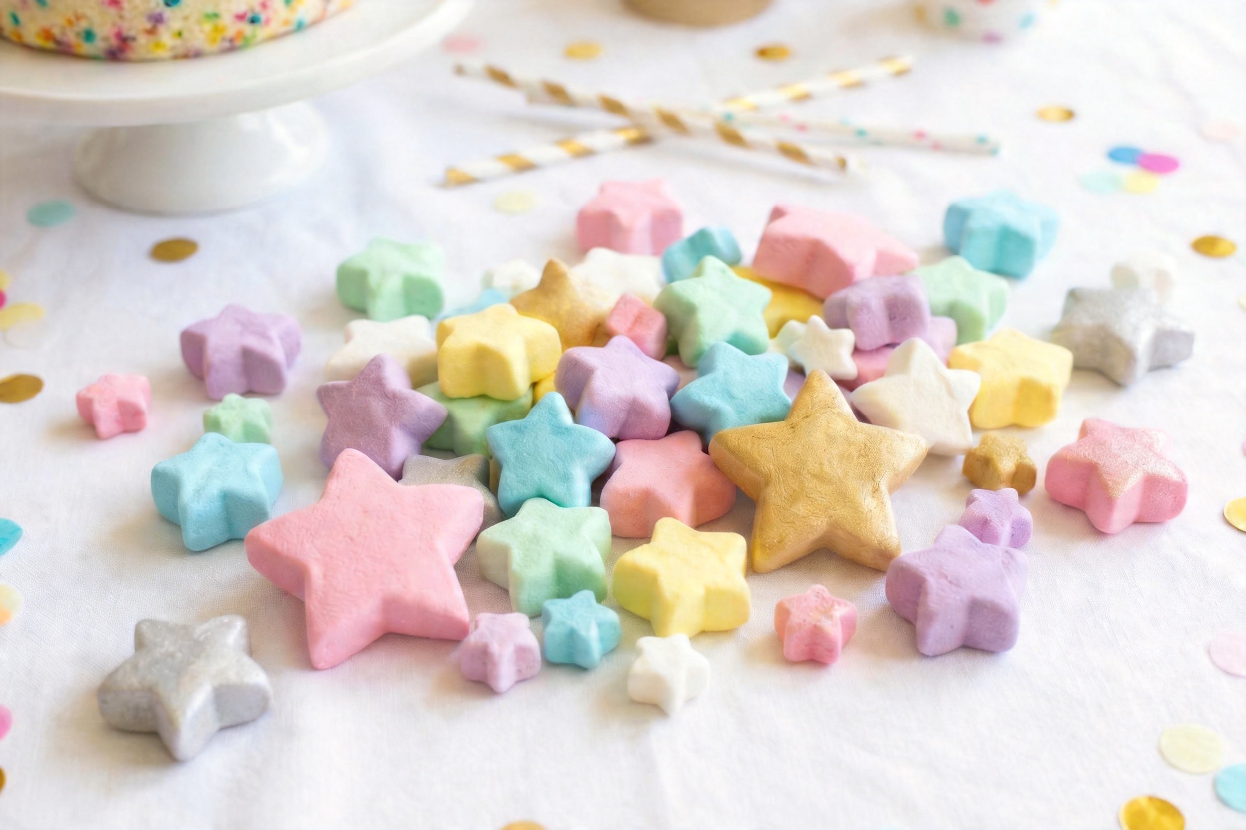 An assortment of colorful star shaped marshmallows in various sizes and colors on a party table