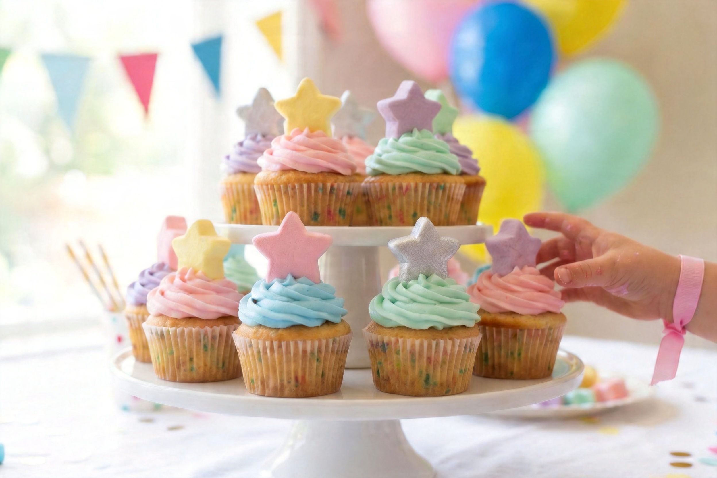 Star shaped marshmallows used as cupcake toppers at a children's birthday party