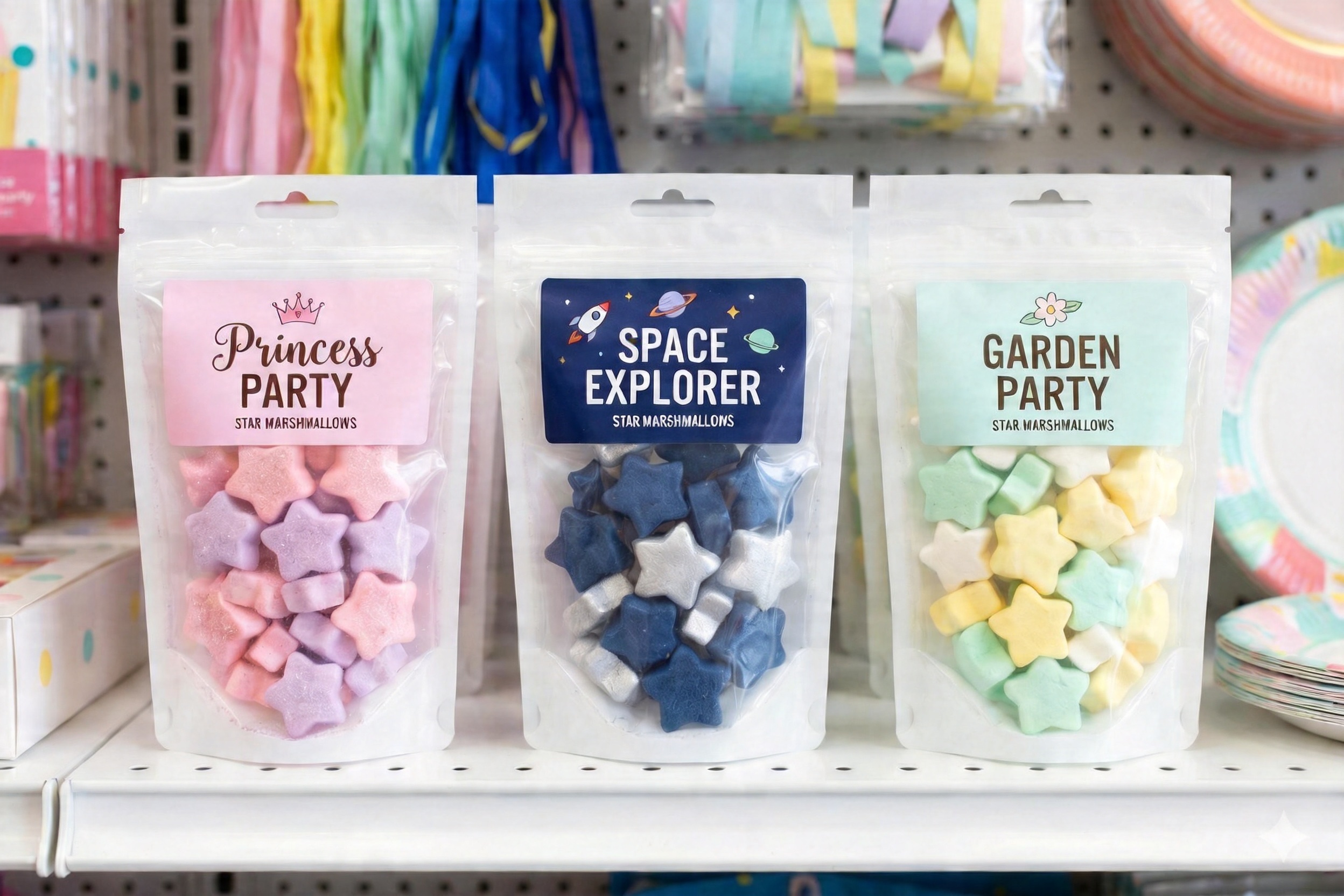 Themed star marshmallow packages in clear window boxes with colorful party-themed labels