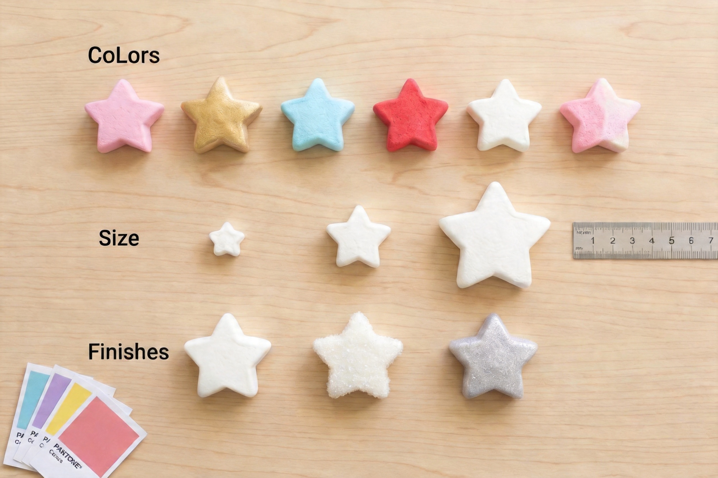 An array of star marshmallows in different colors, sizes, and finishes laid out on a design table