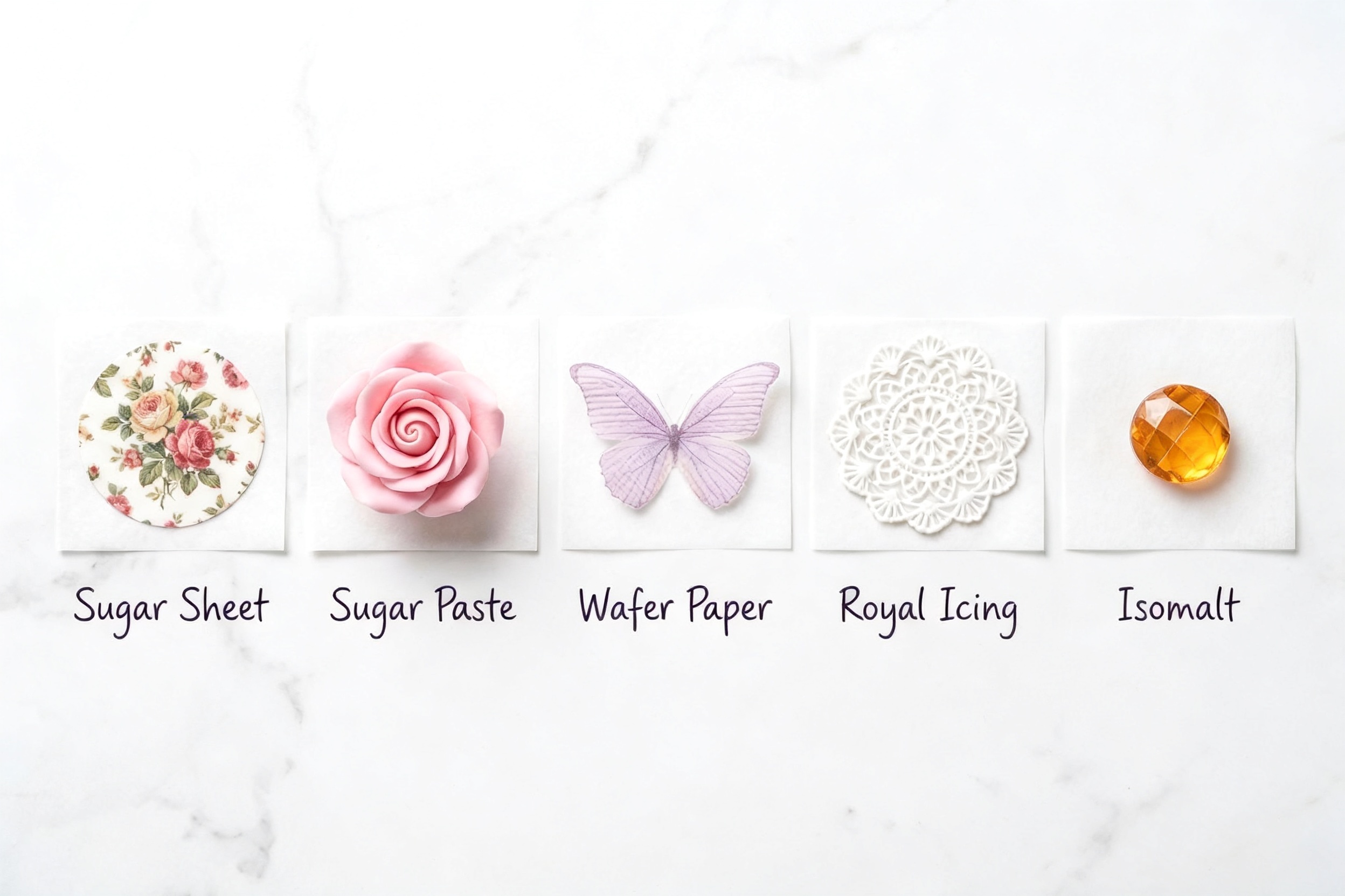 Five different sugar topper types lined up side by side — sugar sheet print, molded sugar flower, wafer paper butterfly, royal icing lace, and isomalt gem