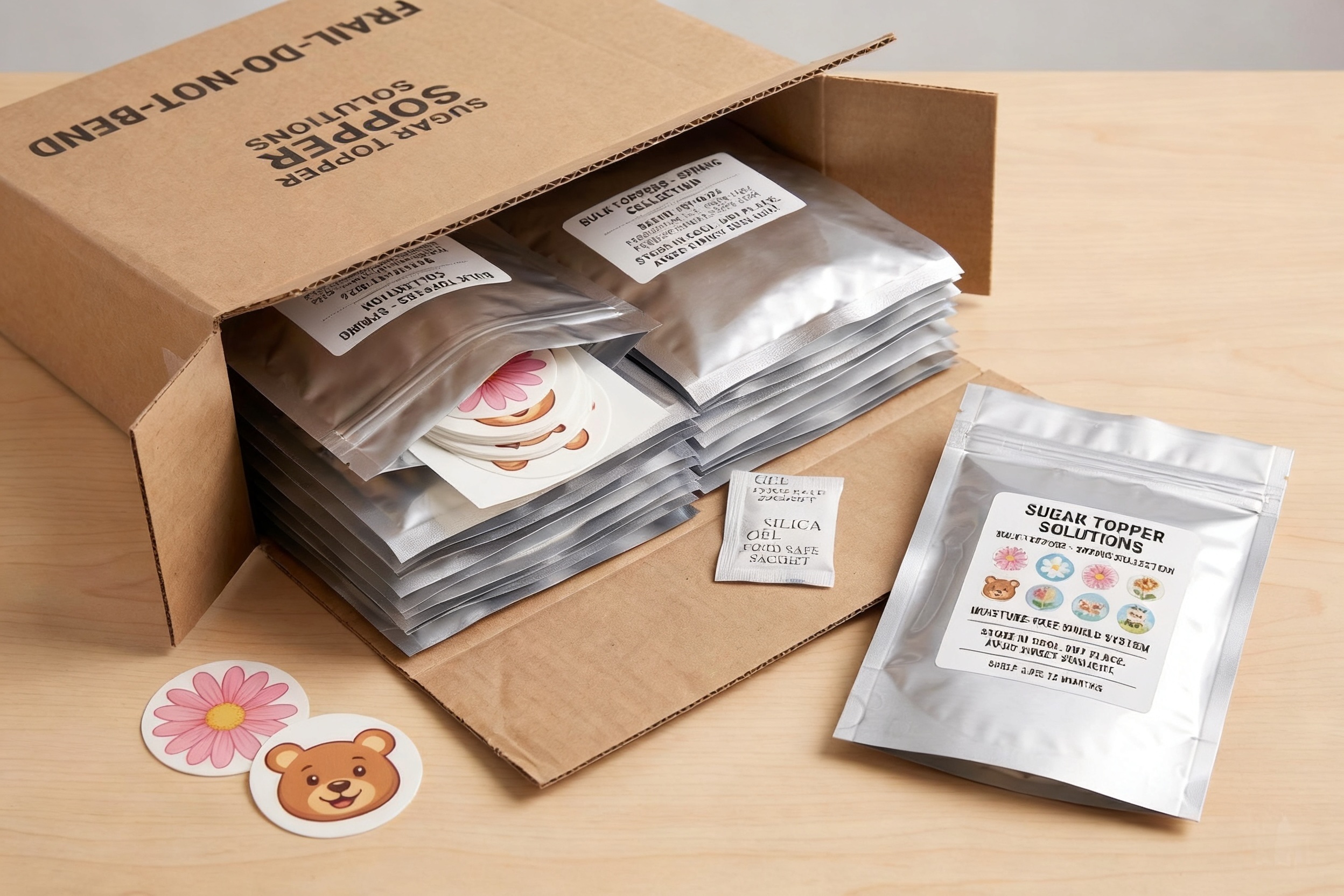 Sealed sugar topper packaging showing moisture barrier pouches, desiccant packs, and backing sheets inside a protective carton