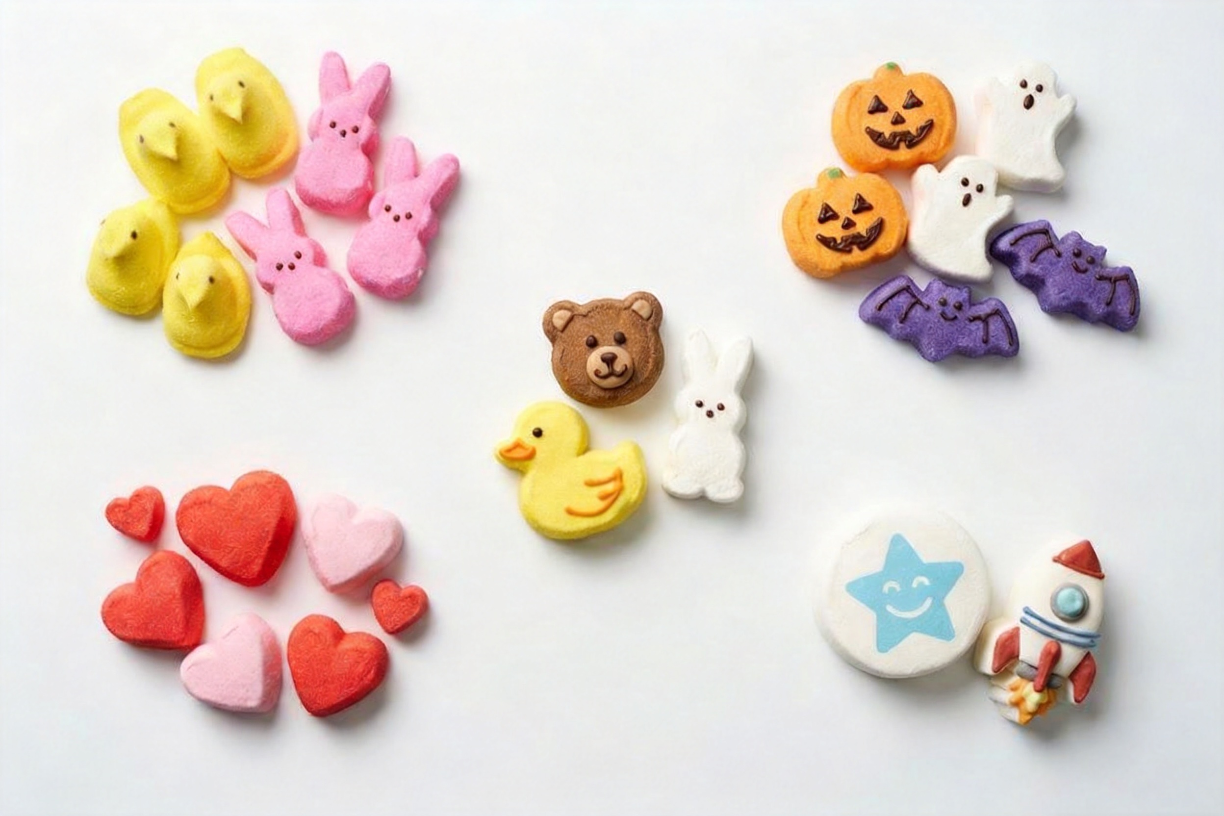 A display of the most popular marshmallow shapes in the US — Peeps-style chicks, bears, hearts, pumpkins, and branded shapes arranged by category