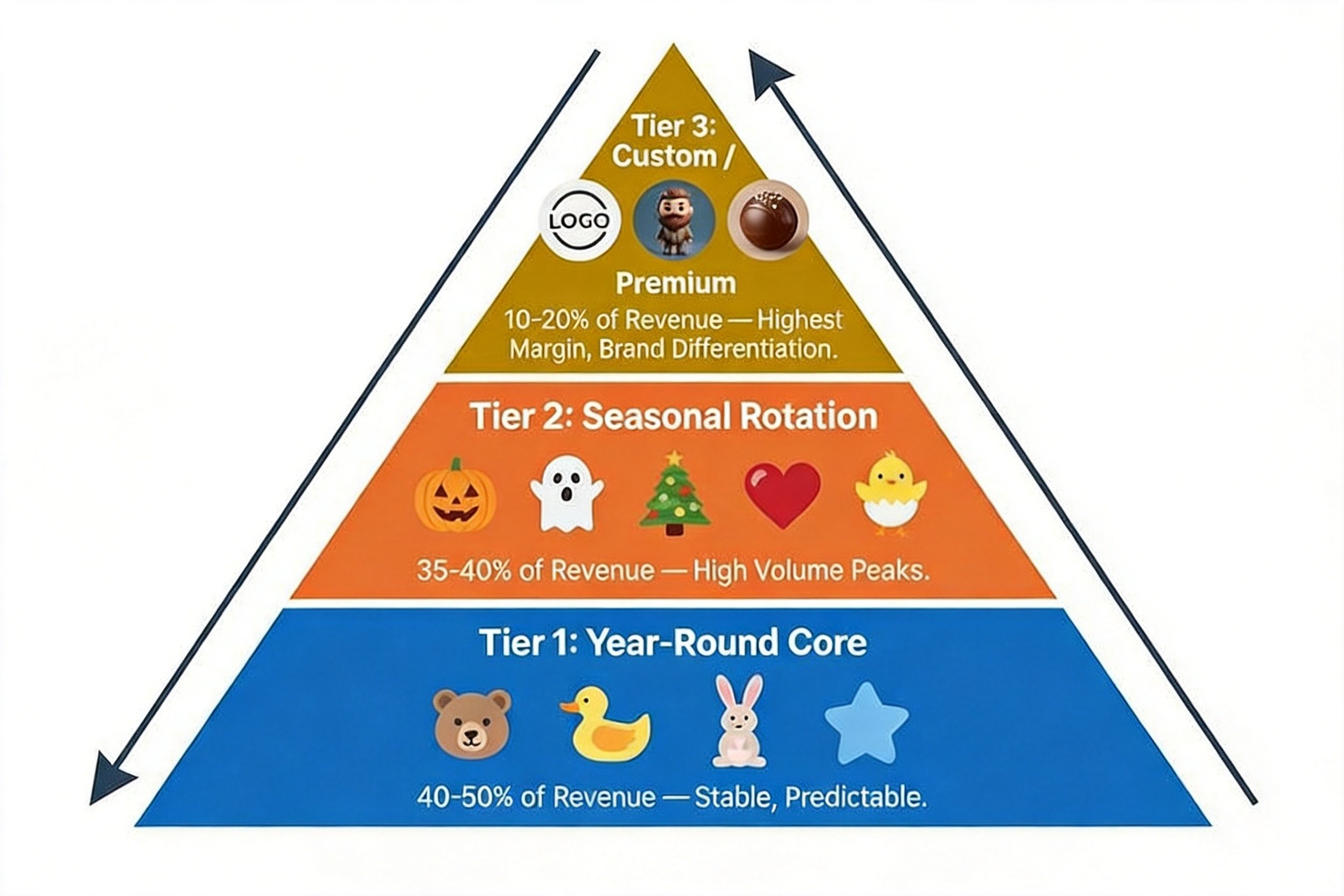 A product portfolio diagram showing the three tiers — core year-round shapes, seasonal rotation, and custom premium tier