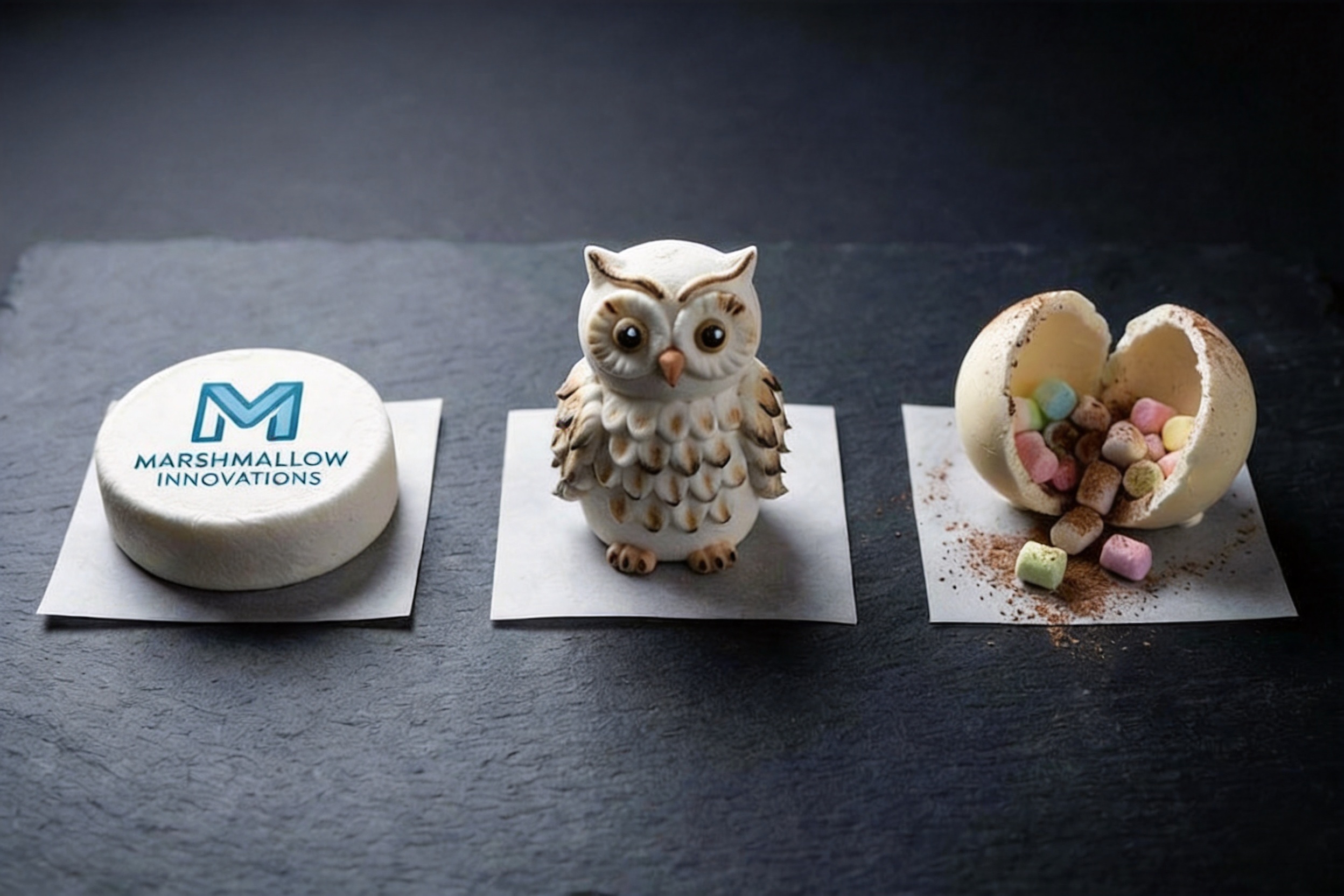 Three emerging marshmallow shape trends — a corporate logo shape, a detailed 3D character, and a functional hot cocoa bomb sphere