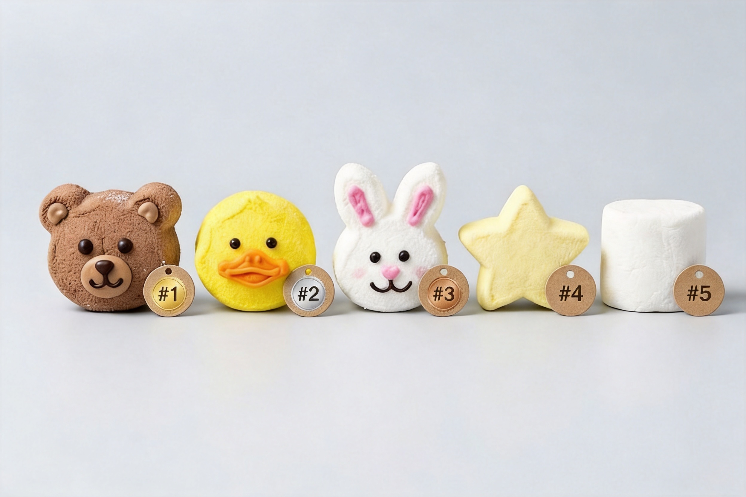 The top five year-round marshmallow shapes — bear, duck, bunny, star, and classic cylinder — with sales ranking indicators