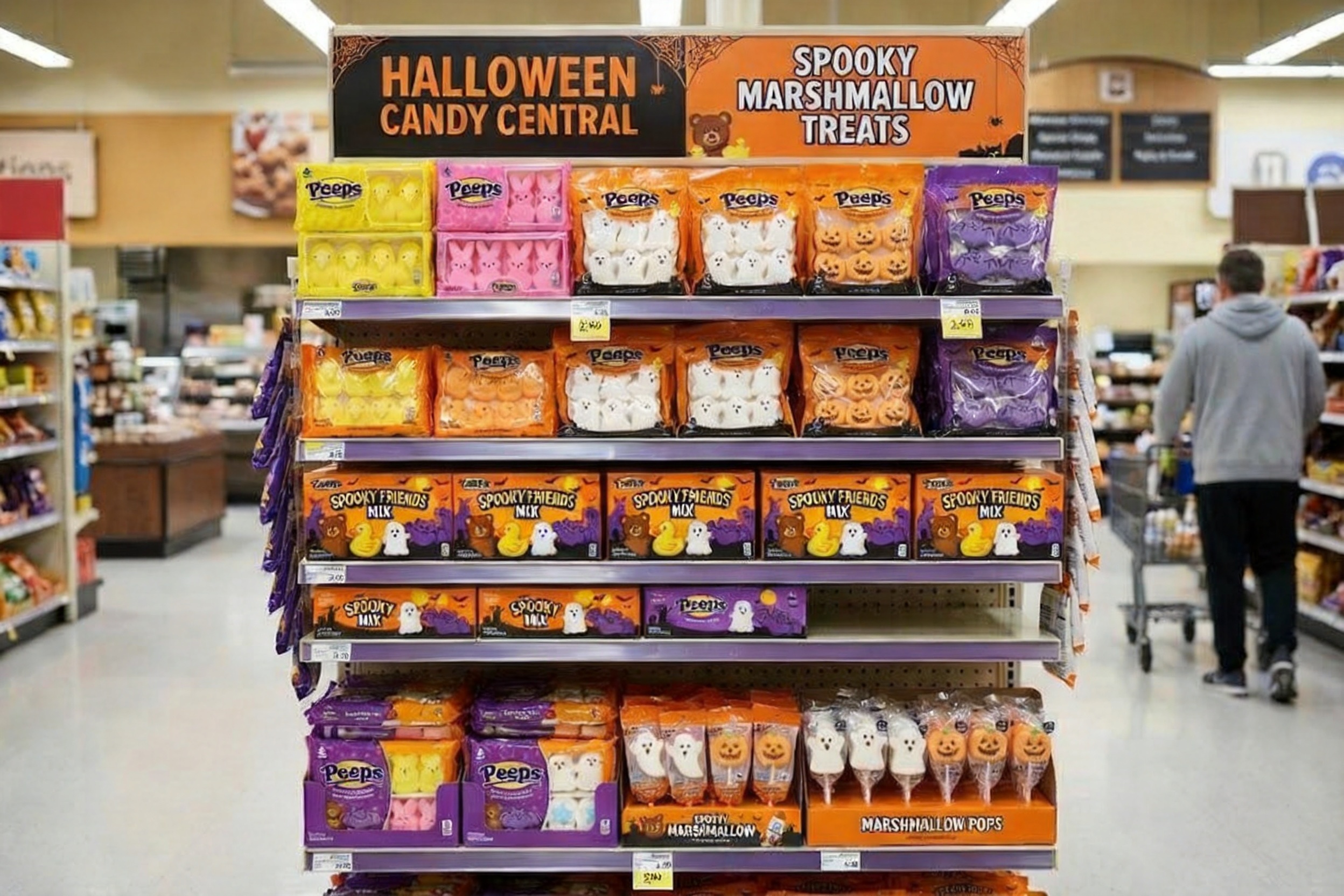 A US retail store holiday candy aisle showing seasonal marshmallow shapes on an endcap display