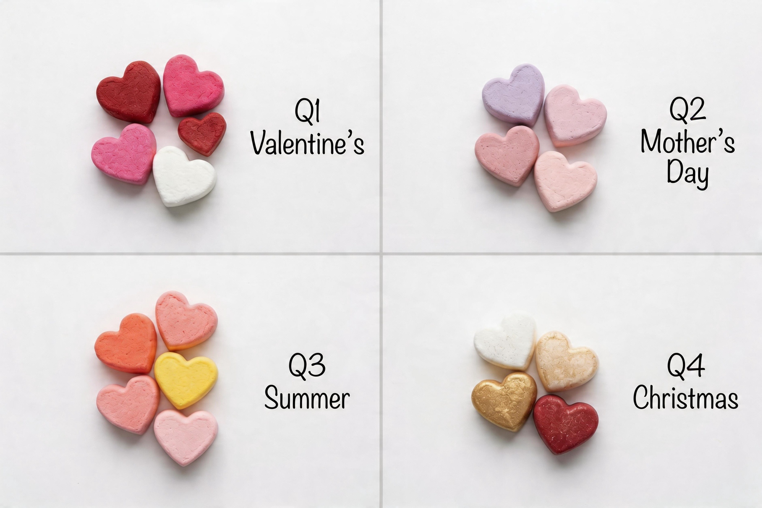 Heart marshmallows in four different seasonal color sets — Valentine's red, spring pastel, summer bright, and winter white-gold