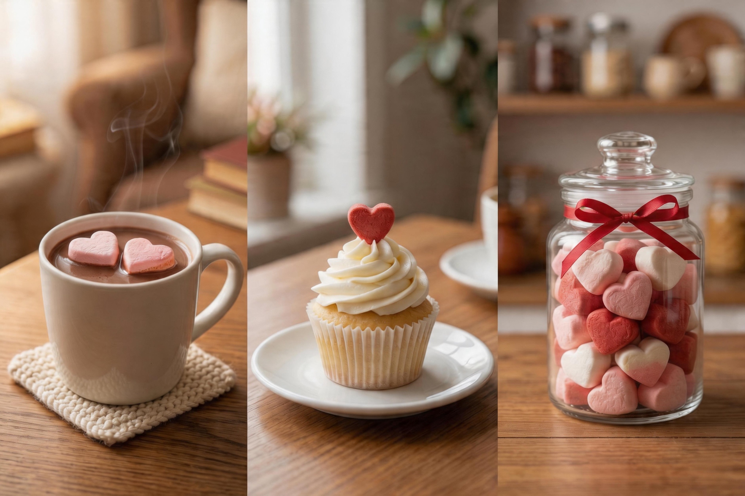 Heart shaped marshmallows being used in three ways — floating in hot chocolate, topping a cupcake, and filling a gift jar