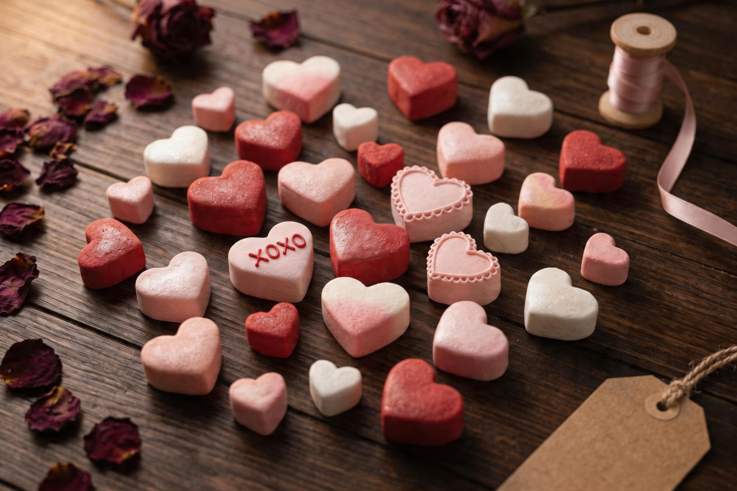 An assortment of heart shaped marshmallows in various pinks, reds, and whites with piped details on a romantic backdrop