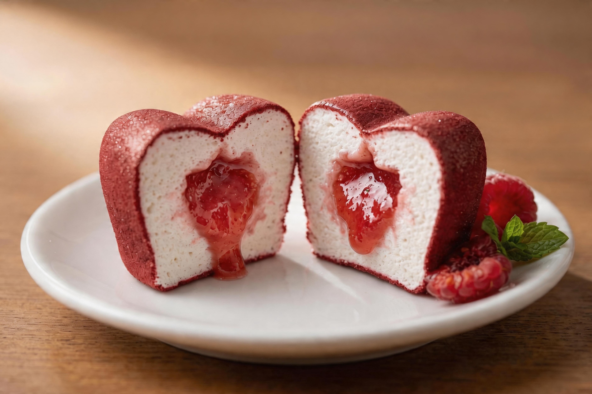 A close-up of a premium heart marshmallow cut in half showing a pink strawberry jam filling inside