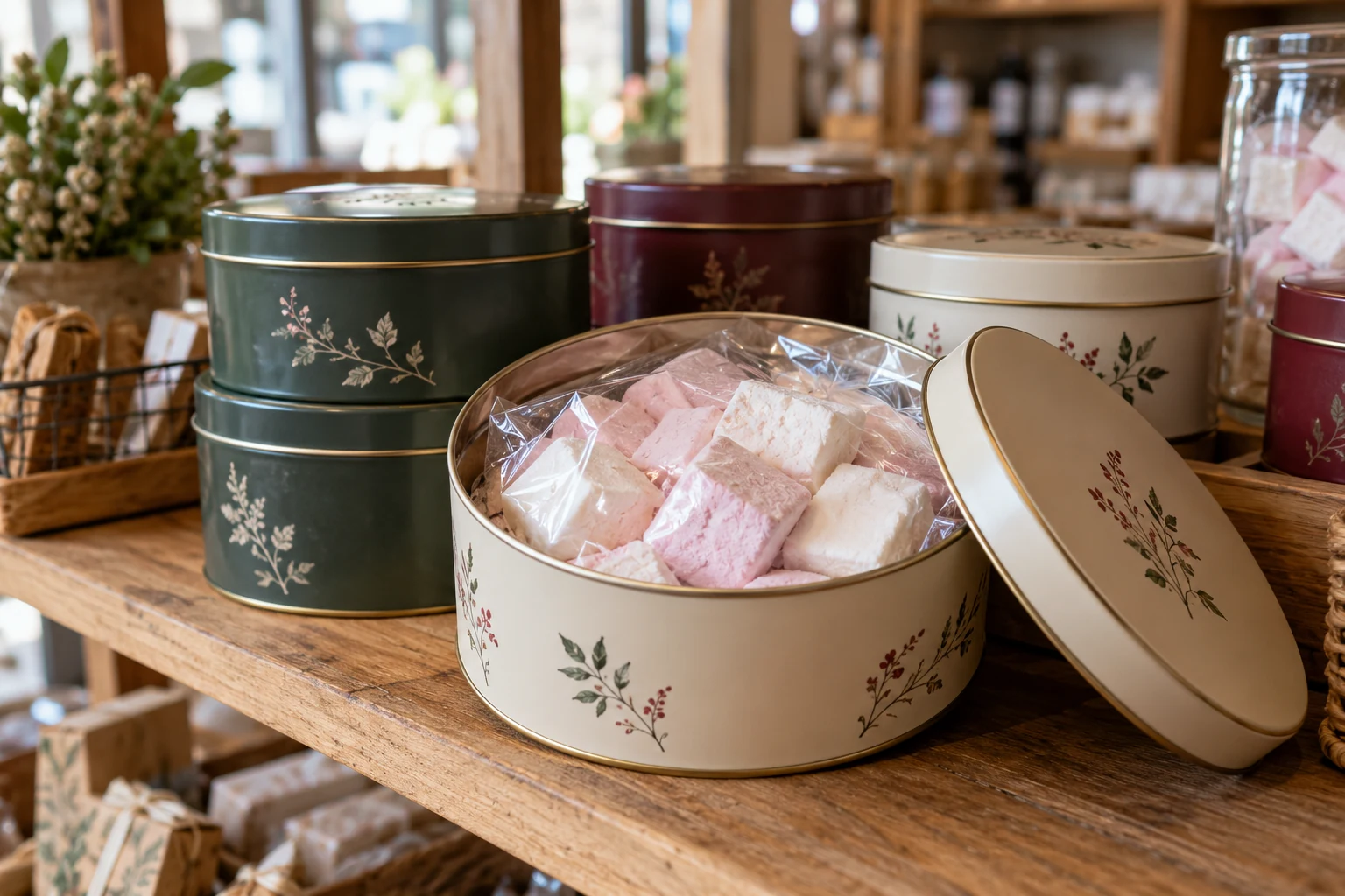 Reusable marshmallow gift tin wholesale display marshmallow gift tin wholesale premium packaging on retail shelf