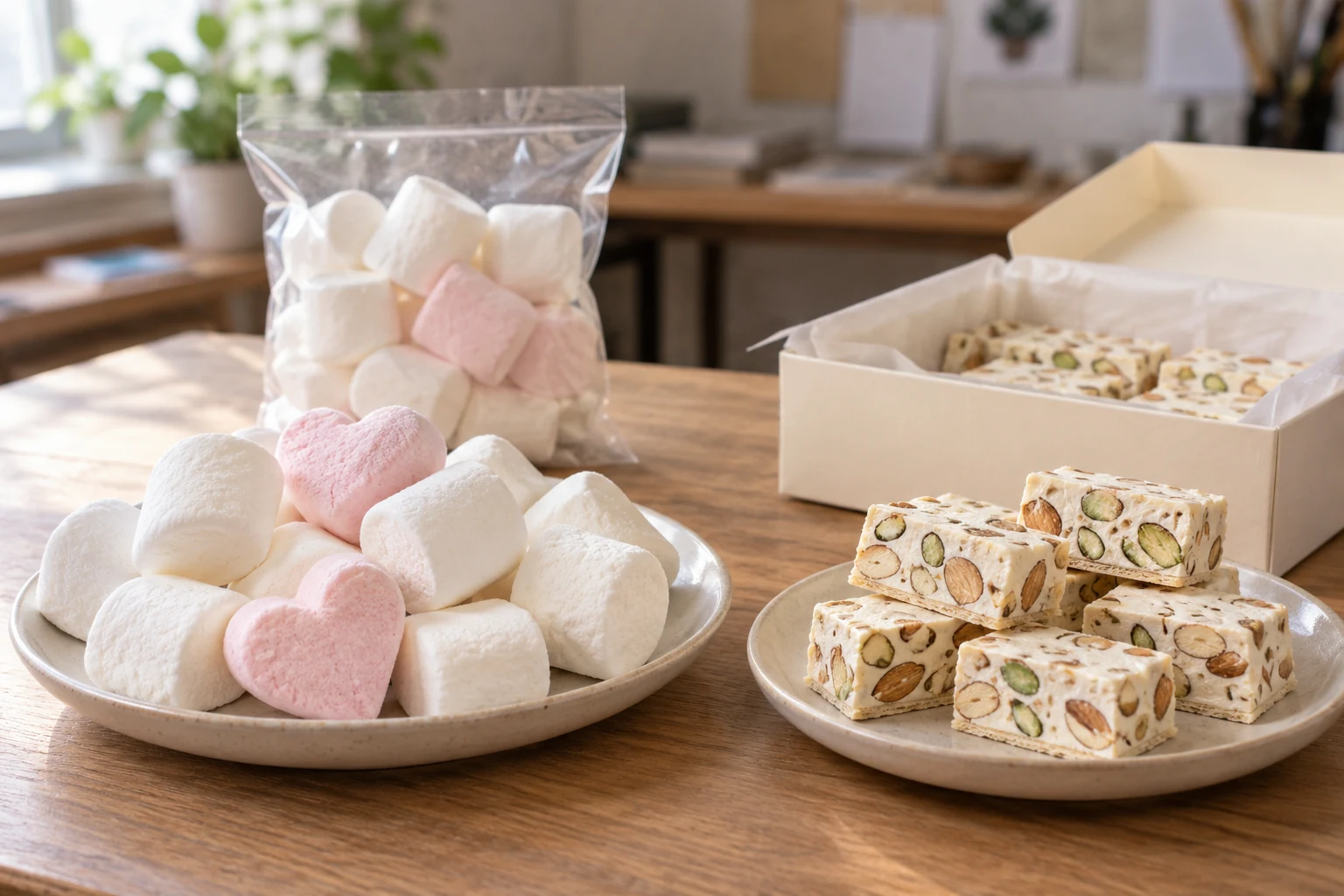 Marshmallow vs Nougat wholesale buying guide White and pink marshmallows beside almond-pistachio nougat, with pouch and gift-box packaging on a sample table.