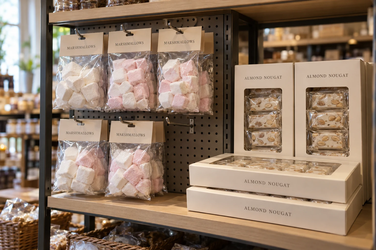 Marshmallow vs Nougat margin and shelf strategy Bagged white and pink marshmallows on retail pegs beside boxed almond nougat in a specialty shop display.