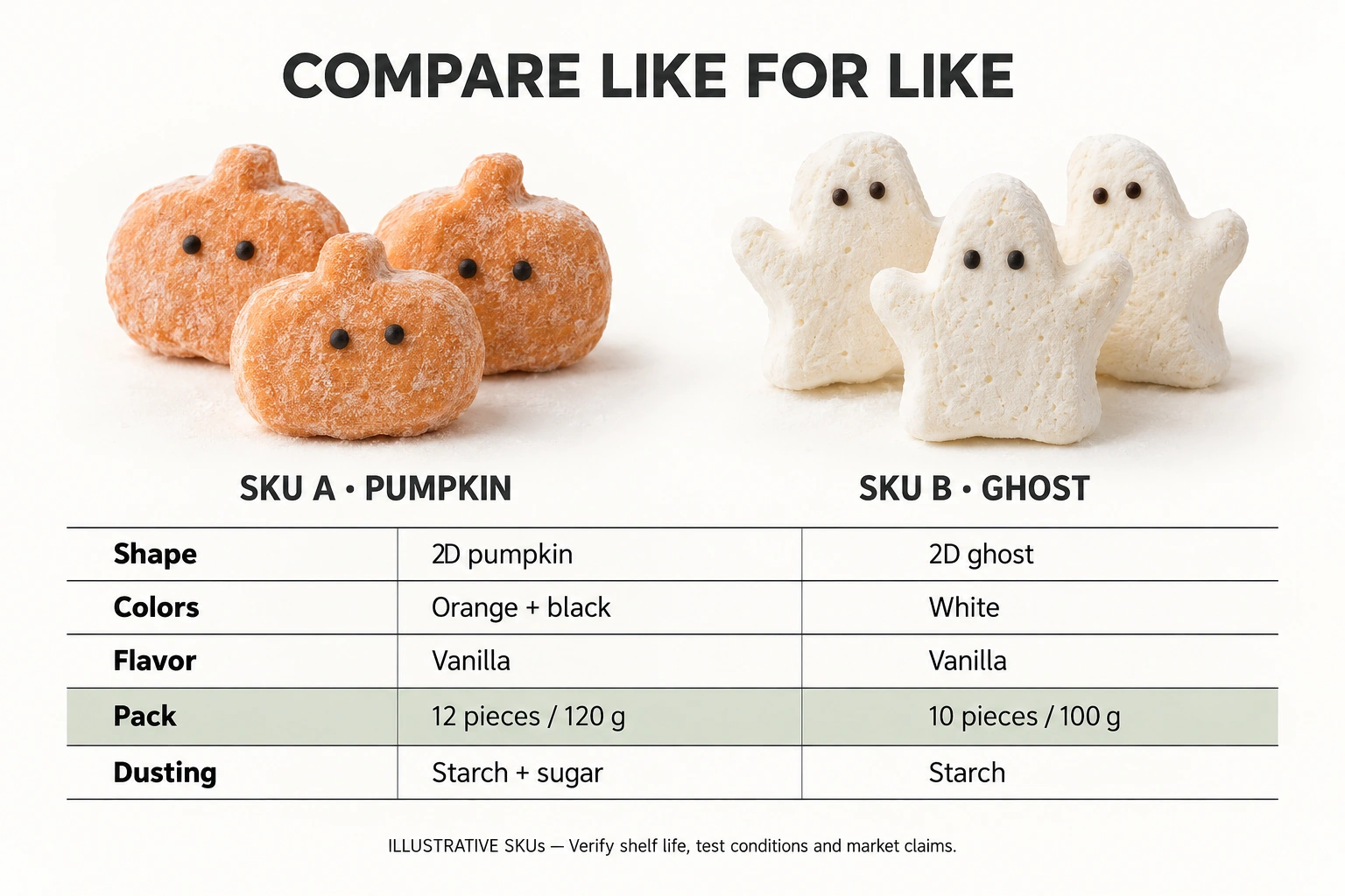 SKU comparison matrix for marshmallow competitor analysis Illustrative SKU matrix compares orange pumpkin and white ghost marshmallows by shape, colors, flavor, pack size and dusting.