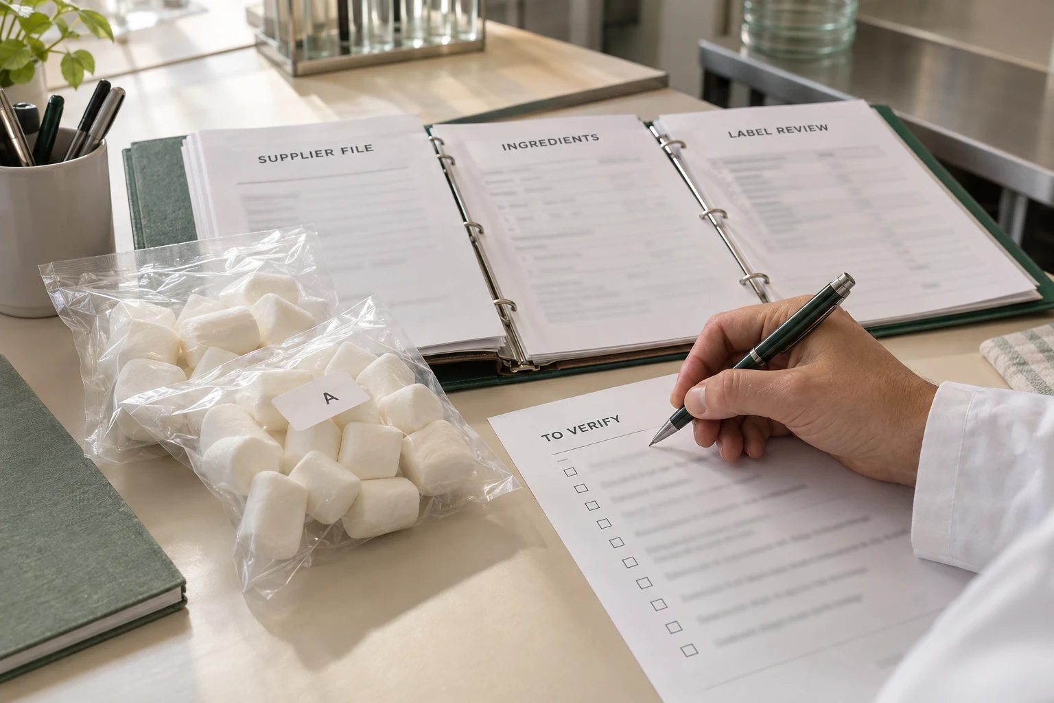 Compliance gates for marshmallow competitor analysis A reviewer checks a marshmallow supplier file and ingredient documents beside sealed sample pouches.