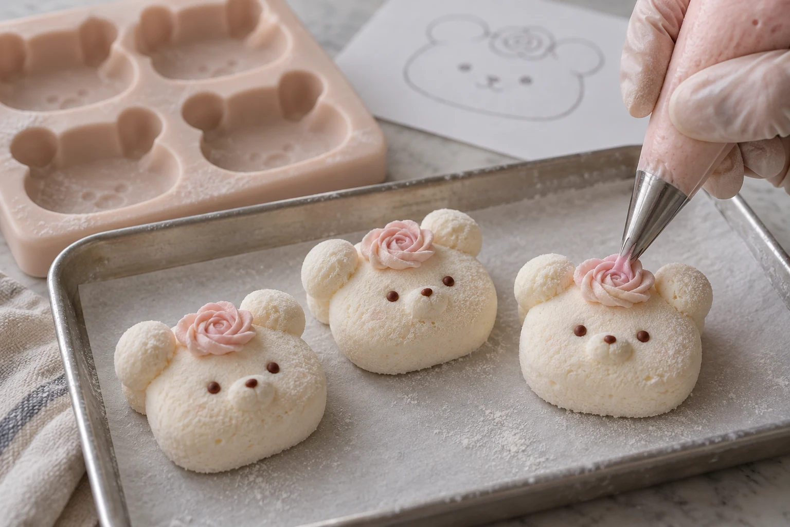 A gloved confectioner pipes a pink rosette onto a bear-shaped marshmallow beside sample pieces and a prototype mold.