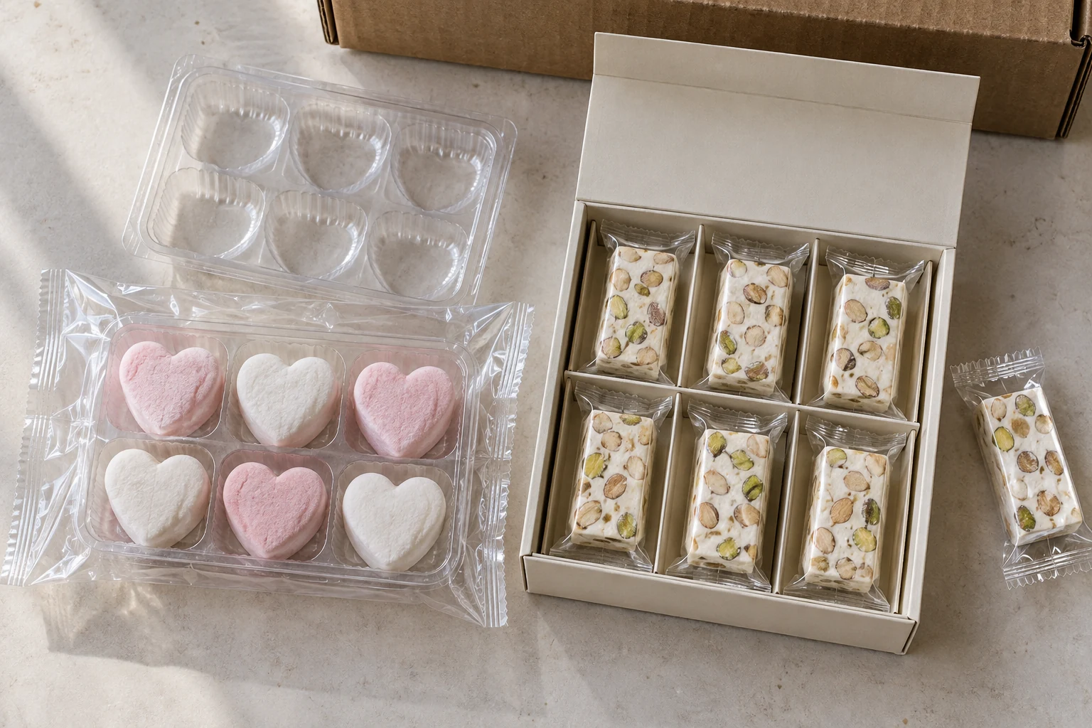 Marshmallow vs Nougat packaging formats Heart-shaped marshmallows in a sealed protective tray beside individually wrapped nougat in a compartmented gift box.