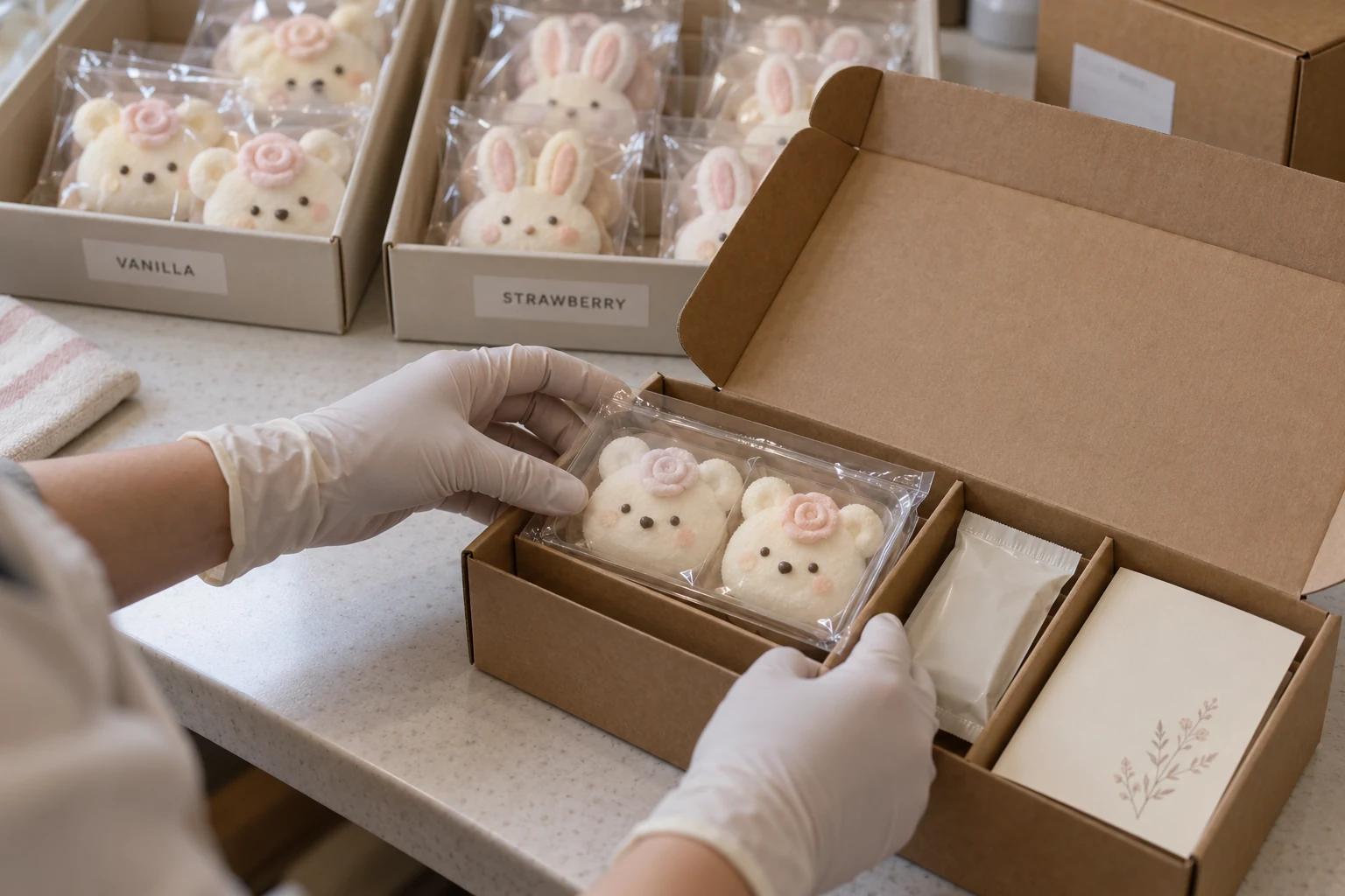 A two-piece pack of piped bear marshmallows being placed in a subscription box, with flavors separated at the packing station.