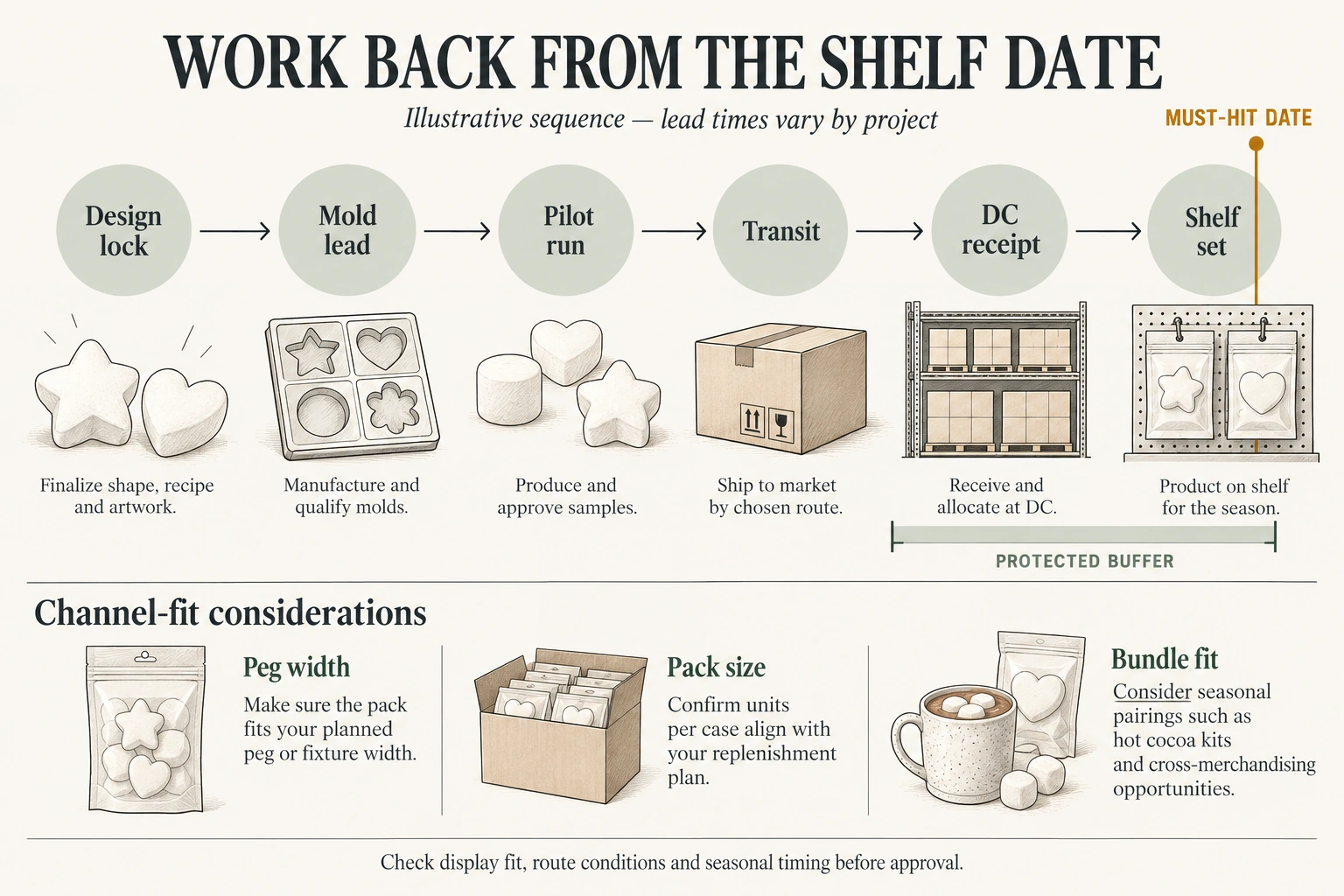 Channel and calendar fit for marshmallow competitor analysis Seasonal marshmallow launch timeline runs from design lock through mold lead, pilot, transit and distribution receipt to shelf set.