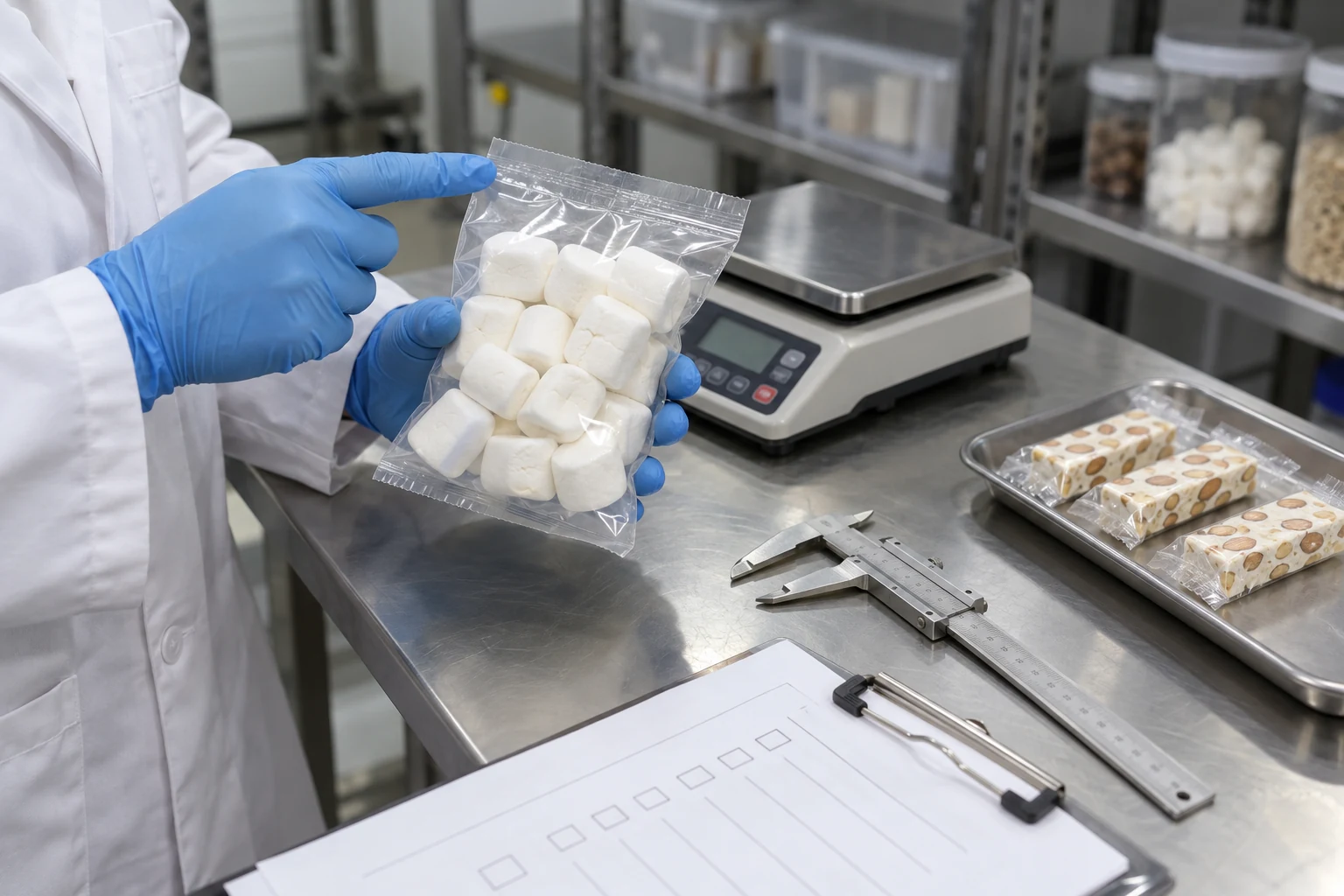 Marshmallow vs Nougat supplier selection Gloved quality inspector checking a marshmallow pouch seal beside a bench scale, caliper and wrapped nougat samples.