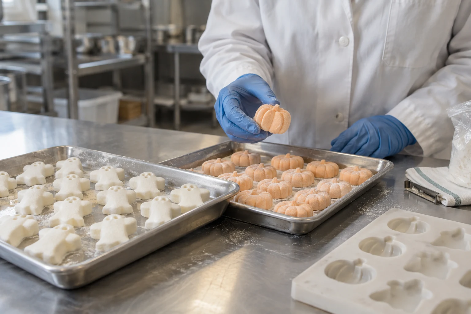 Supply and process risk assessment for marshmallow competitor analysis Gloved quality technician inspects dusted marshmallow shapes and a food-grade mold tray at a stainless steel production bench.