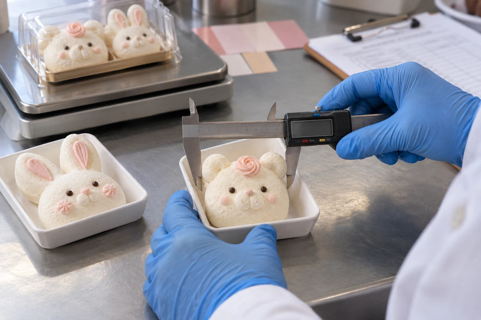 A gloved inspector measures a bear-shaped marshmallow with pink piping, beside a rabbit sample, color swatches and a scale.