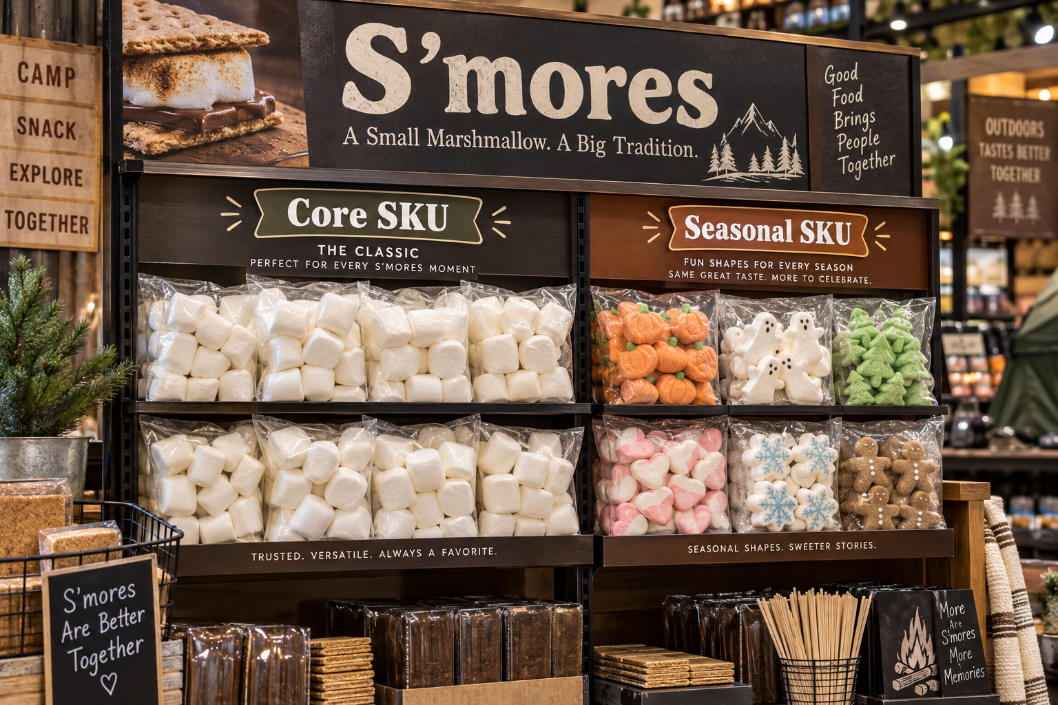 Retail marshmallow shapes and finishes for s’mores s’mores history retail shelf marshmallow cylinders and themed shapes