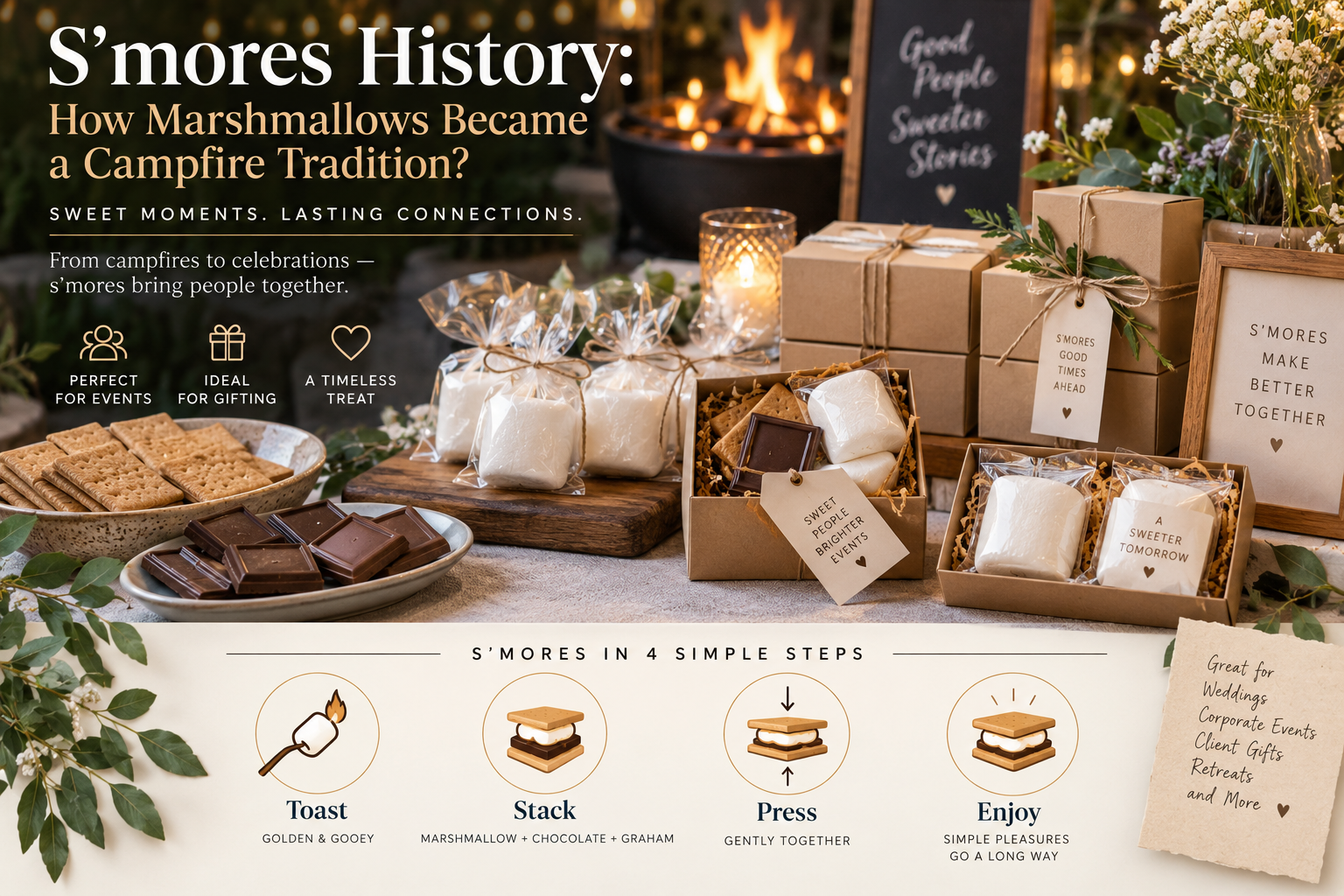 Event and gift marshmallow packaging for s’mores s’mores history event gifting marshmallow duo-packs with instructions