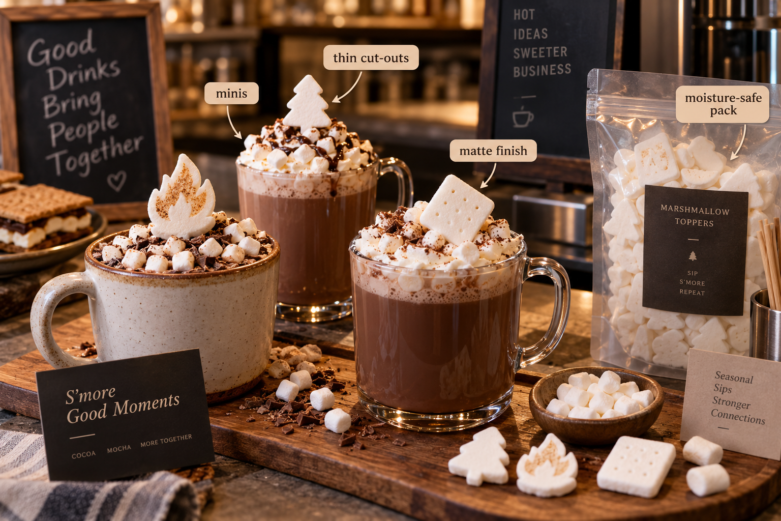Beverage program marshmallow toppers for s’mores vibe s’mores history cocoa toppers marshmallow minis and cut-outs