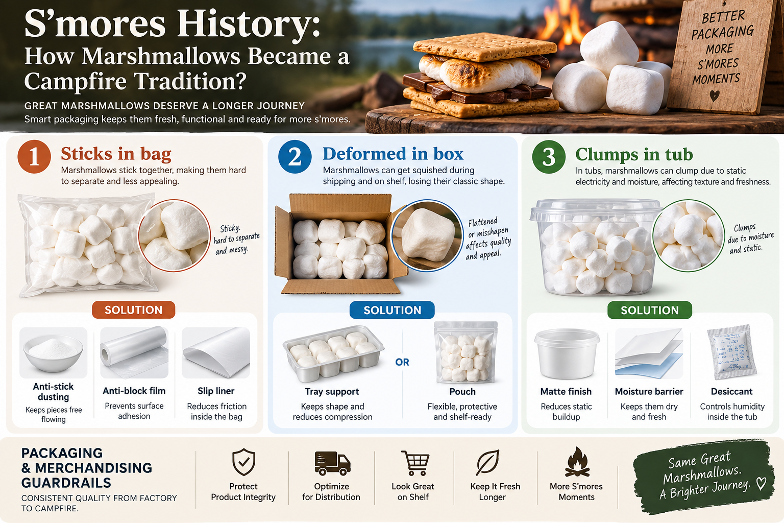 Packaging and merchandising guardrails for s’mores marshmallows s’mores history packaging guardrails anti-stick liners and bundling
