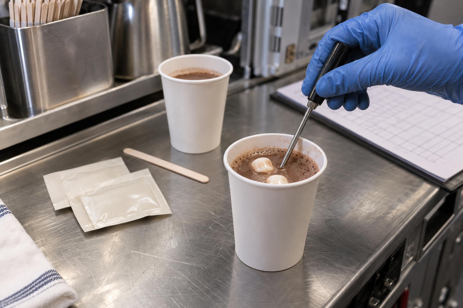 Operational testing for Marshmallow Hot Chocolate in galley Marshmallow Hot Chocolate onboard operations testing