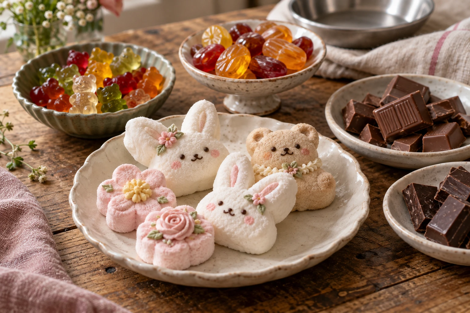 Compare candy by weight, not by how large each piece looks. Piped bunny, bear and flower marshmallows beside gummies, hard candy, milk chocolate and dark chocolate.