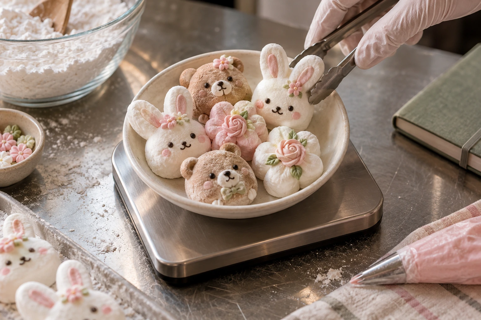 Weigh the finished decorated product and use its own nutrition data when comparing sugar per 100 g. A gloved worker places decorated bunny and bear marshmallows on a scale for weight-based sugar comparison.