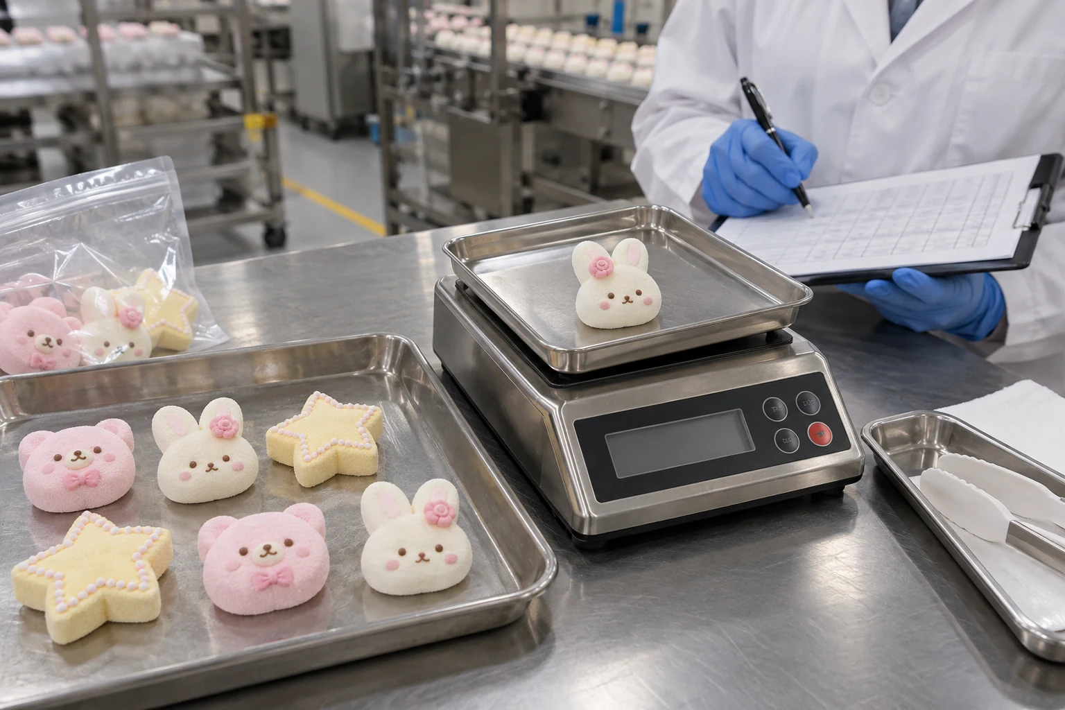 marshmallow manufacturing QC FSMS BRC ISO HACCP，Technician recording a weight check for a flower-decorated bunny marshmallow beside trays of piped character shapes.