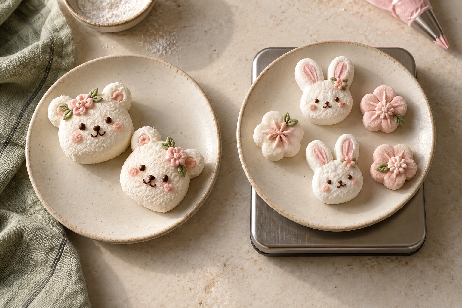 Two larger decorated bear marshmallows and five smaller piped bunny and flower marshmallows on separate plates. how much sugar is in a marshmallow per serving. Two larger decorated bear marshmallows and five smaller piped bunny and flower marshmallows on separate plates.