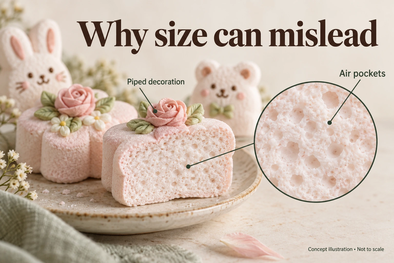 Air pockets help explain volume and density. This conceptual cutaway is not a microscope image or to scale. how much sugar is in a marshmallow density and air. Cutaway of a flower-shaped marshmallow with piped decoration and a conceptual magnification of its air pockets.